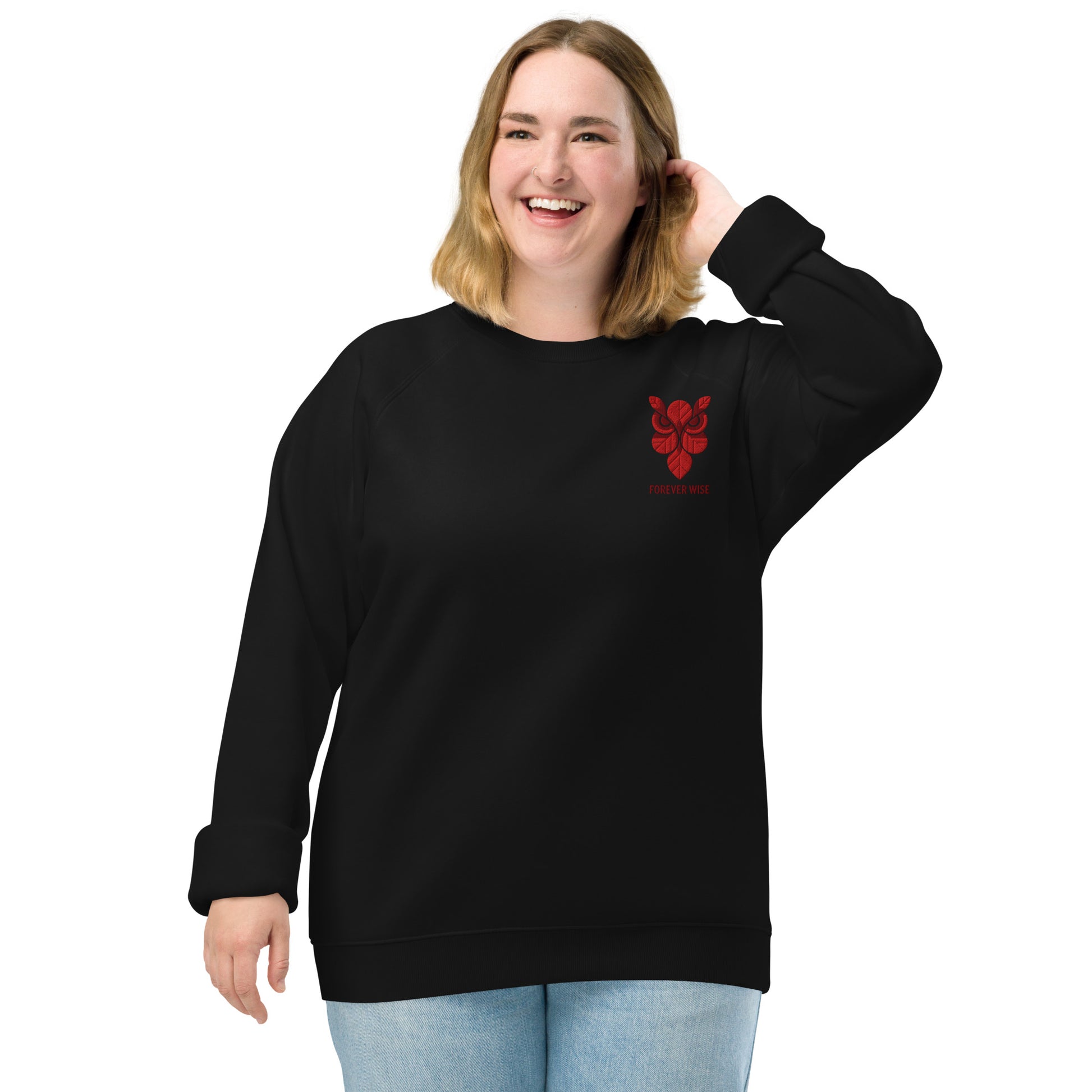 Owl Unisex Organic Raglan Sweatshirt: 'Forever Wise' in Fall | Sustainable Fashion USA Black Dudeily