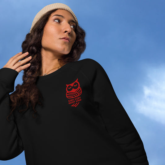 Owl Unisex Organic Raglan Sweatshirt: 'Stay Cozy Hoot Loud' in Fall | sustainable fashion USA Dudeily
