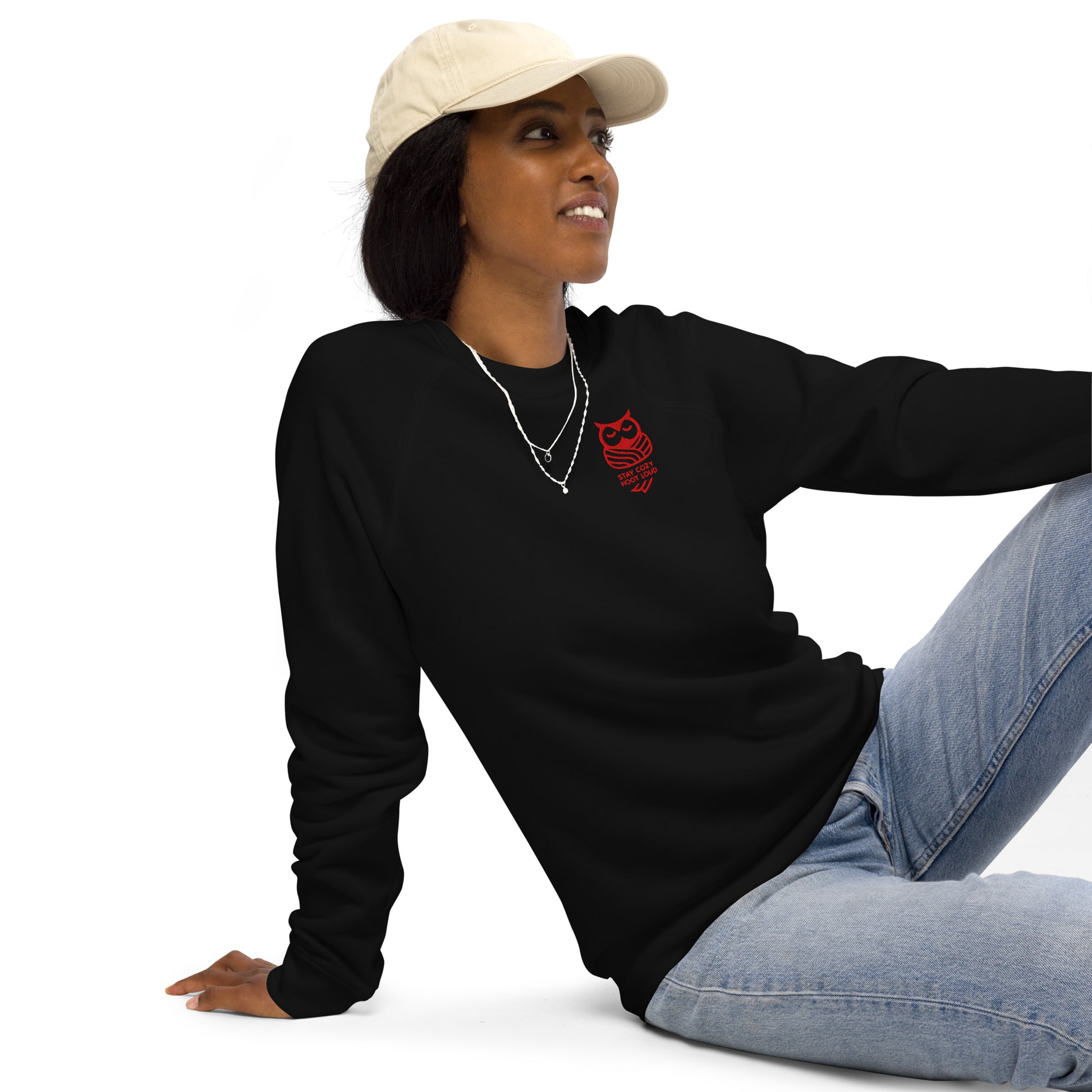 Owl Unisex Organic Raglan Sweatshirt: 'Stay Cozy Hoot Loud' in Fall | sustainable fashion USA Dudeily