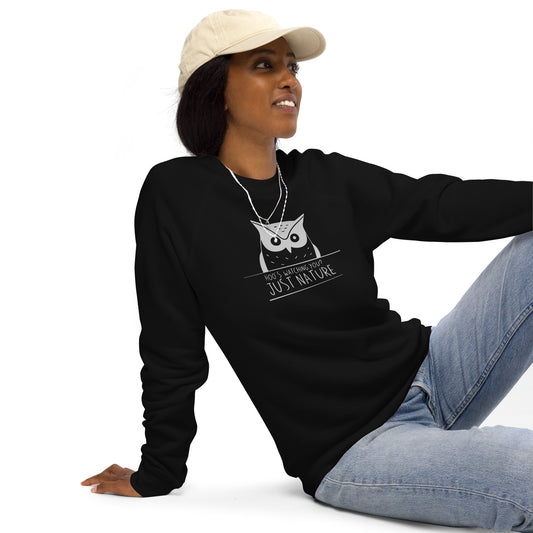 Unisex Organic Raglan Sweatshirt: 'Stay Cozy Hoot Loud' in Fall | Eco-Friendly Owl Apparel USA Dudeily