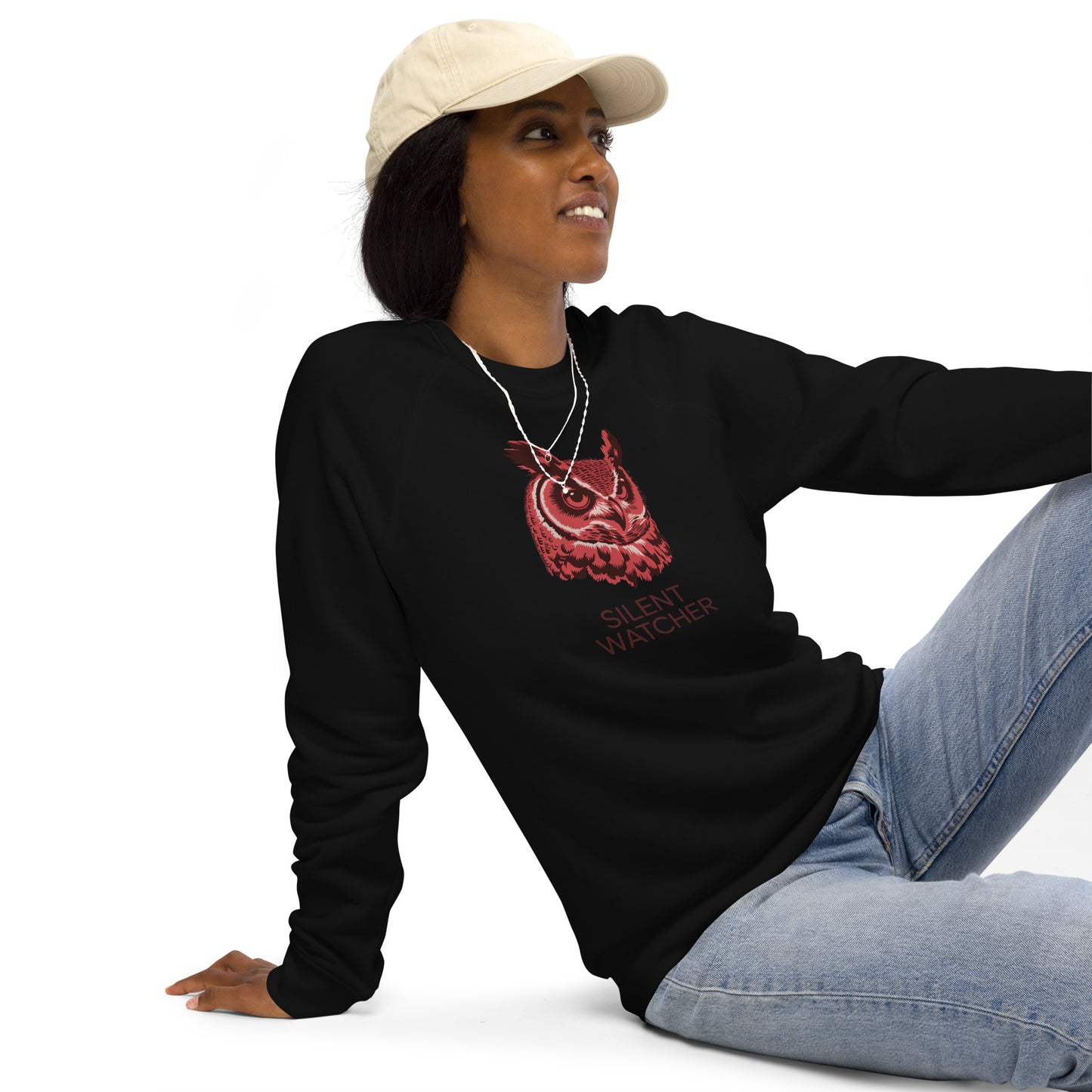 Unisex Organic Raglan Sweatshirt: ‘Silent Watcher’ in Fall | Sustainable Owl Fashion USA Dudeily