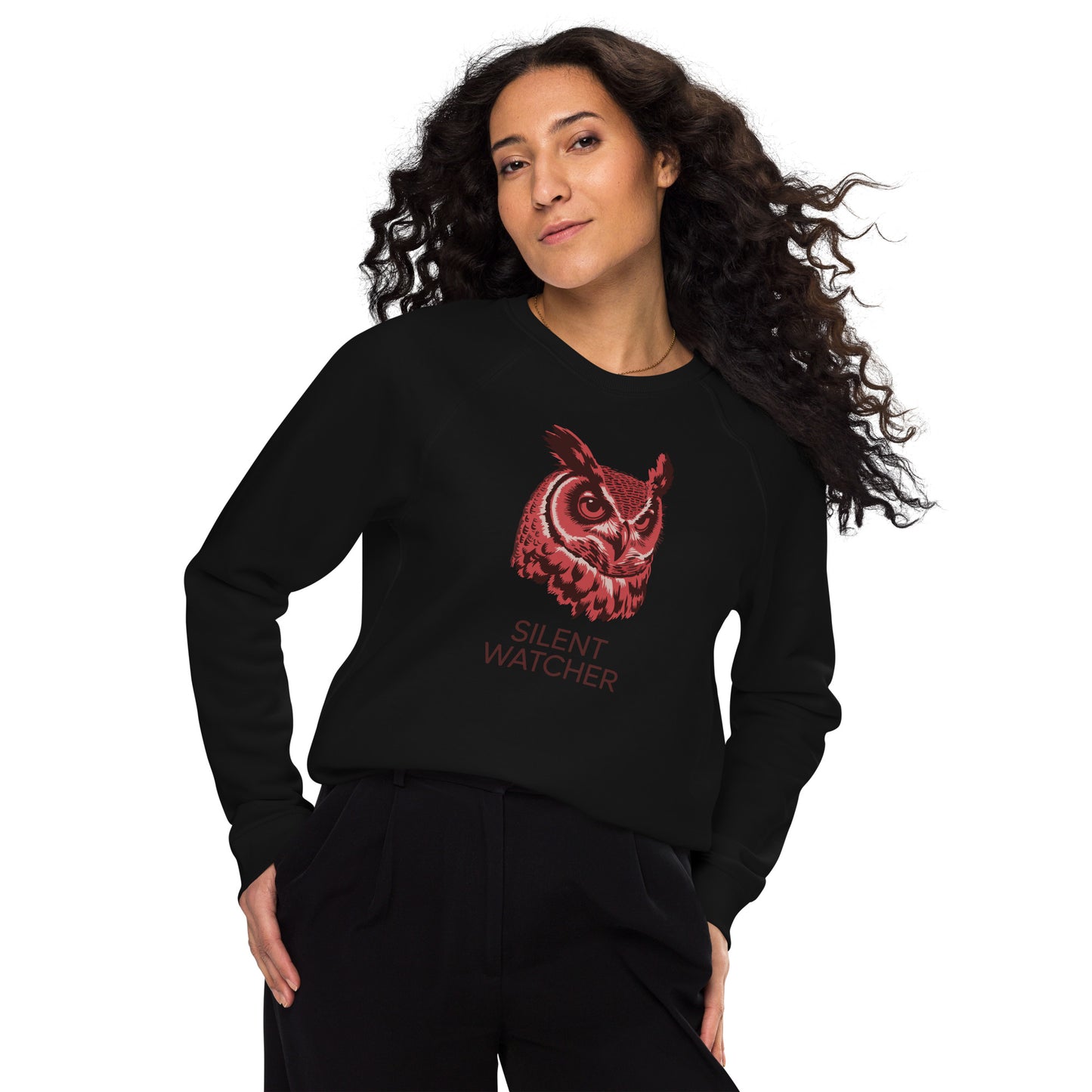 Unisex Organic Raglan Sweatshirt: ‘Silent Watcher’ in Fall | Sustainable Owl Fashion USA Black Dudeily