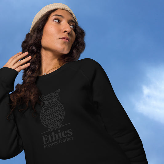 Unisex Organic Raglan Sweatshirt: 'Ethics in Every Feather' | Ethical Owl Clothing USA Dudeily