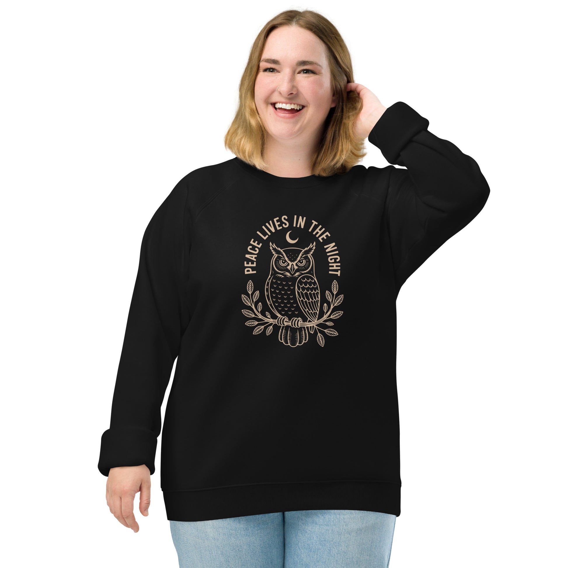 Raglan Sweatshirt: 'Peace in the Night' in Fall | Sustainable Owl Fashion USA Black Dudeily
