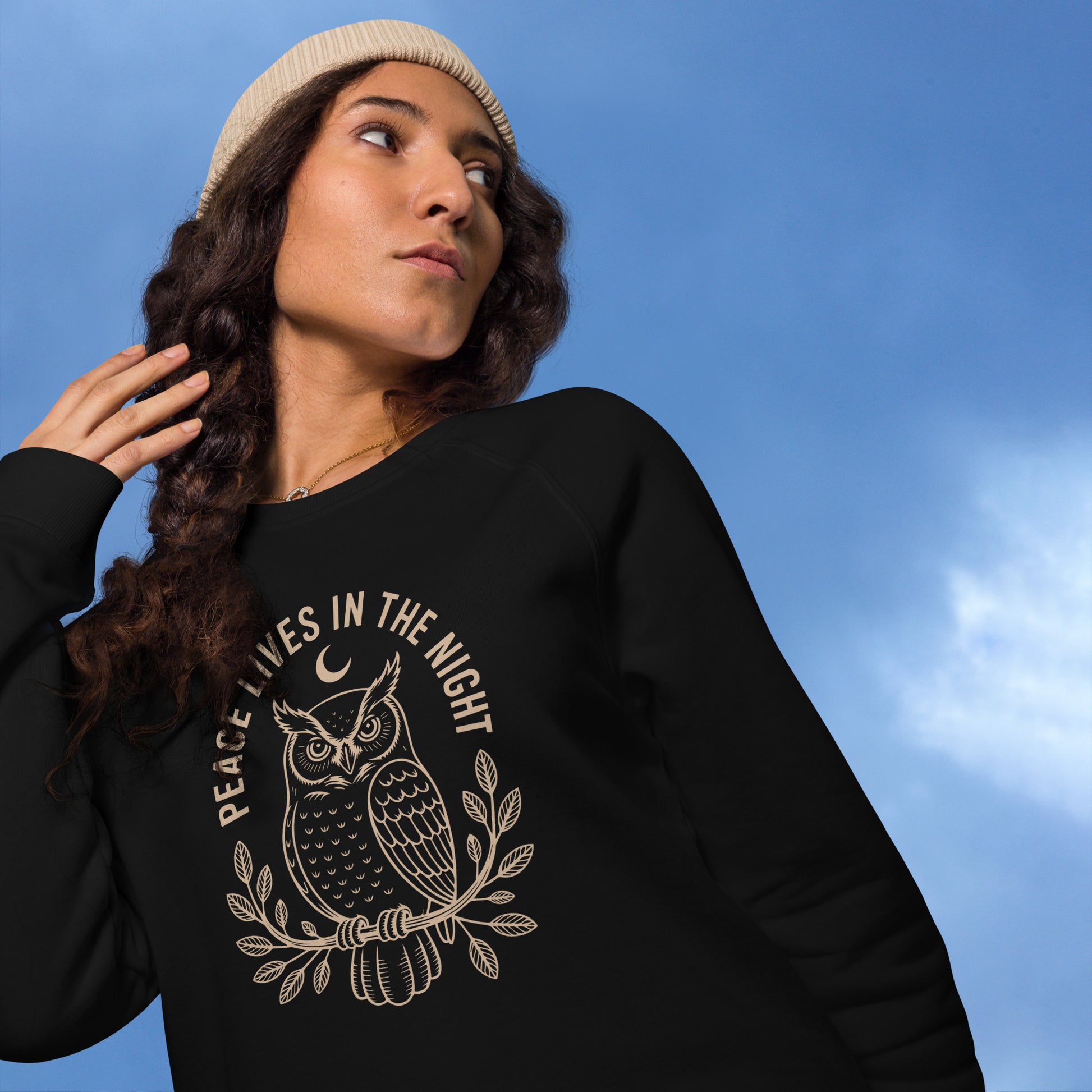 Raglan Sweatshirt: 'Peace in the Night' in Fall | Sustainable Owl Fashion USA Dudeily