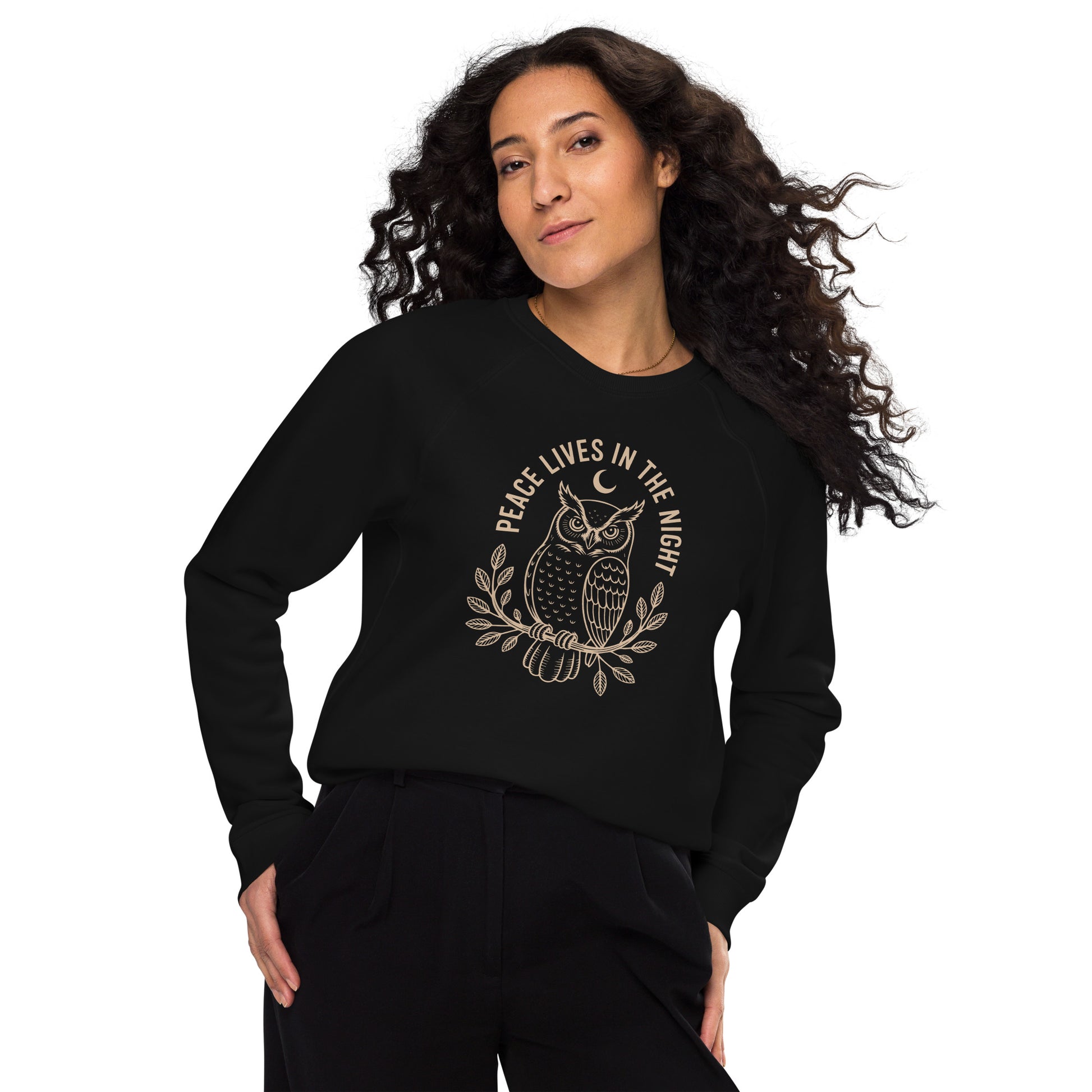Raglan Sweatshirt: 'Peace in the Night' in Fall | Sustainable Owl Fashion USA Dudeily