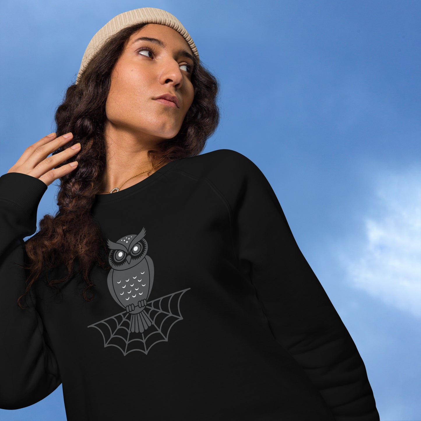 Unisex Organic Raglan Sweatshirt: Halloween Owl Eco-Friendly Style Dudeily