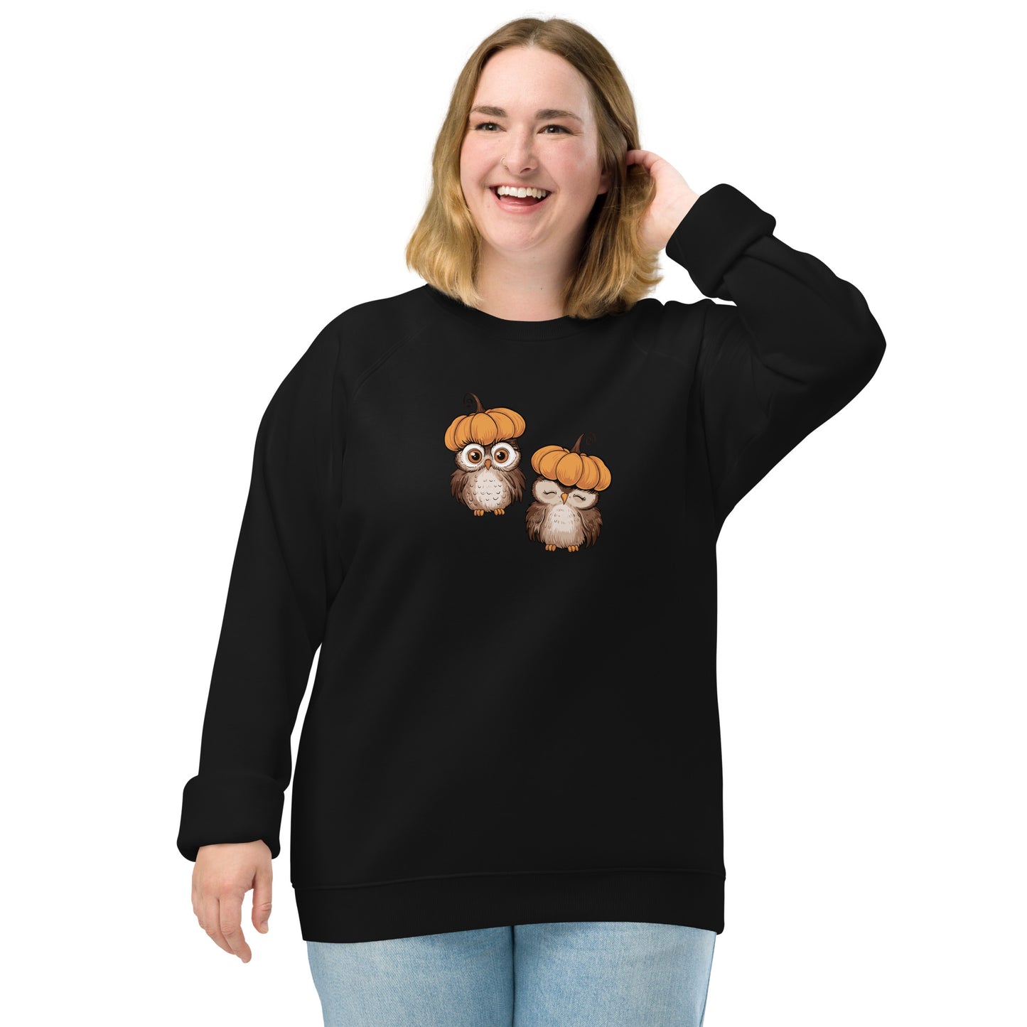 Unisex Organic Raglan Sweatshirt: Halloween Owl Eco-Friendly USA Black Dudeily