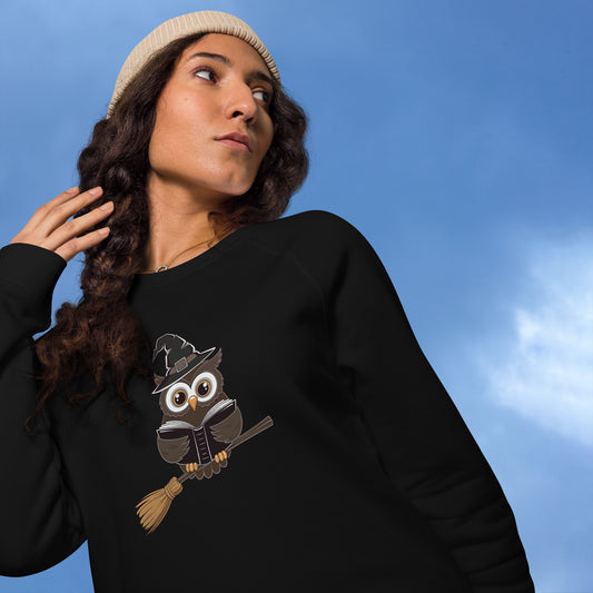 Unisex Organic Raglan Sweatshirt: Halloween Owl Eco Fashion USA Dudeily