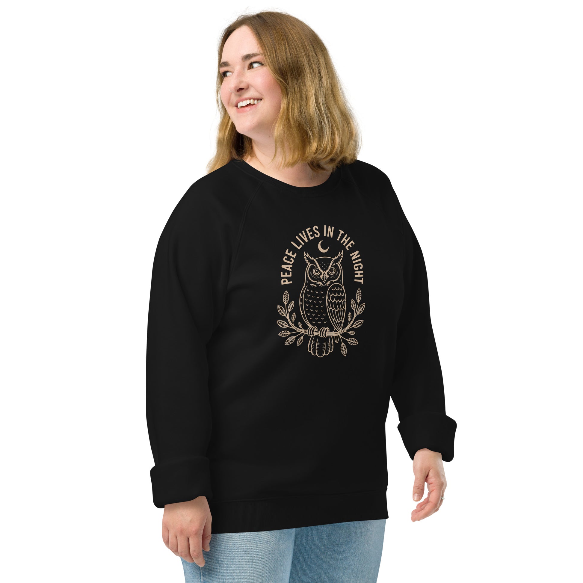 Raglan Sweatshirt: 'Peace in the Night' in Fall | Sustainable Owl Fashion USA Dudeily