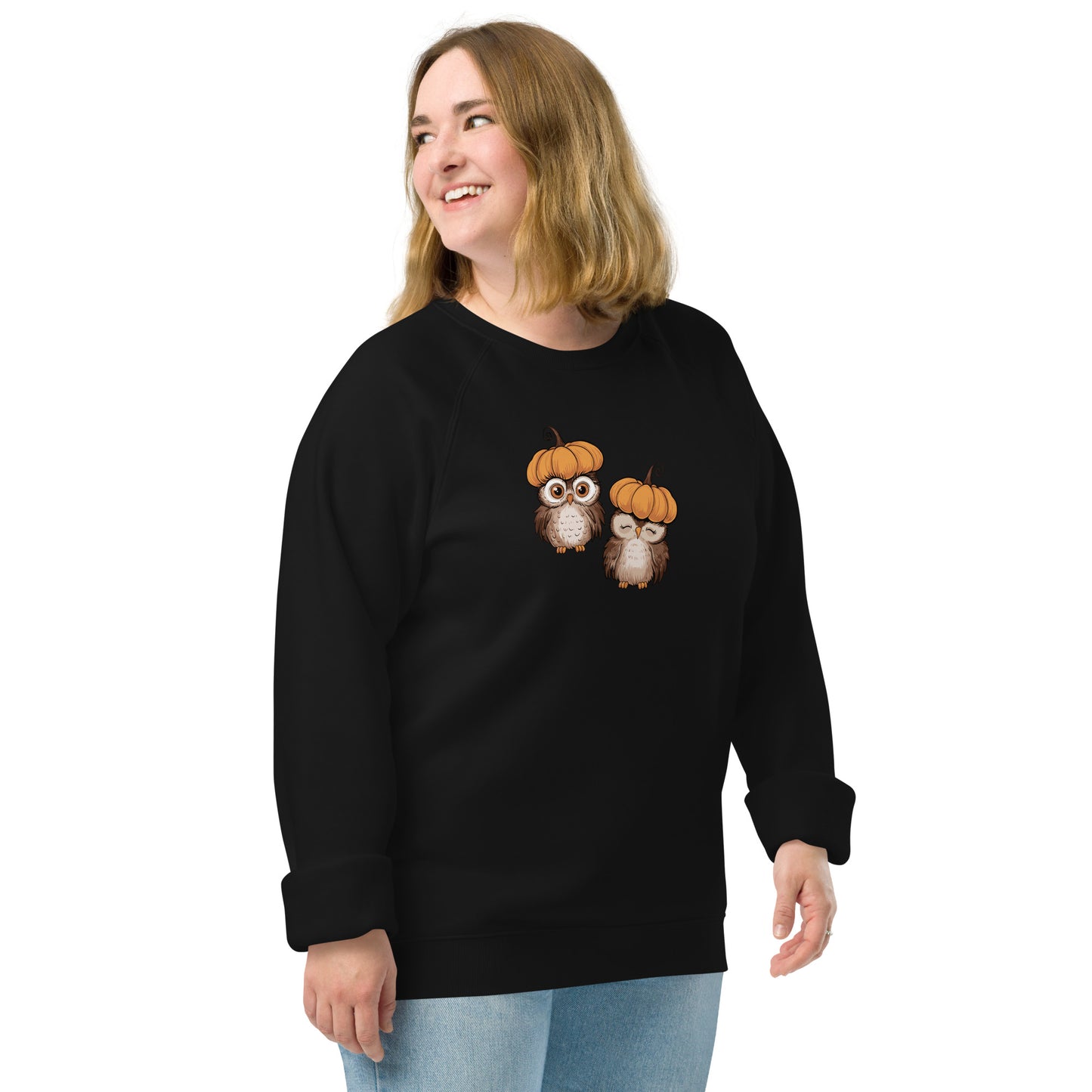Unisex Organic Raglan Sweatshirt: Halloween Owl Eco-Friendly USA Dudeily