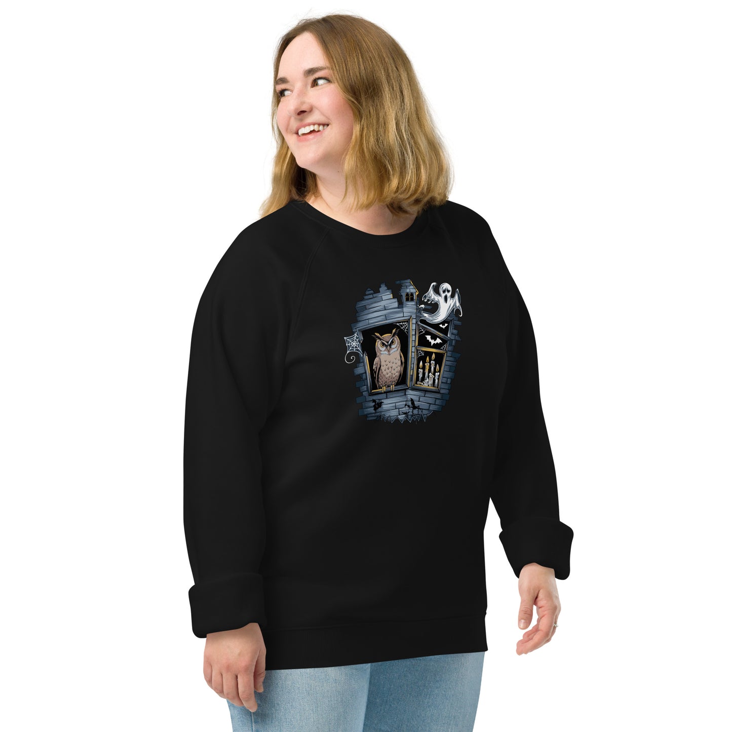 Unisex Organic Raglan Sweatshirt: Halloween Owl Eco-Friendly USA Black Dudeily