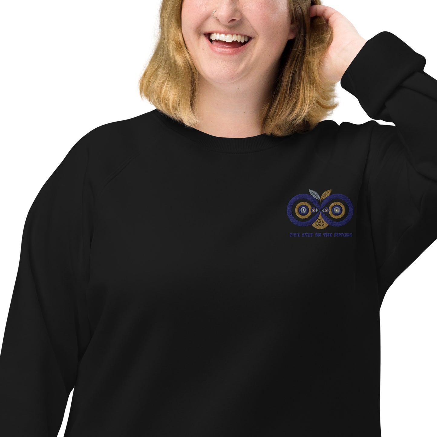 Unisex Organic Raglan Sweatshirt: Owl Eyes on the Future | Owl Embroidered Sustainable Fashion USA by Dudeily Dudeily