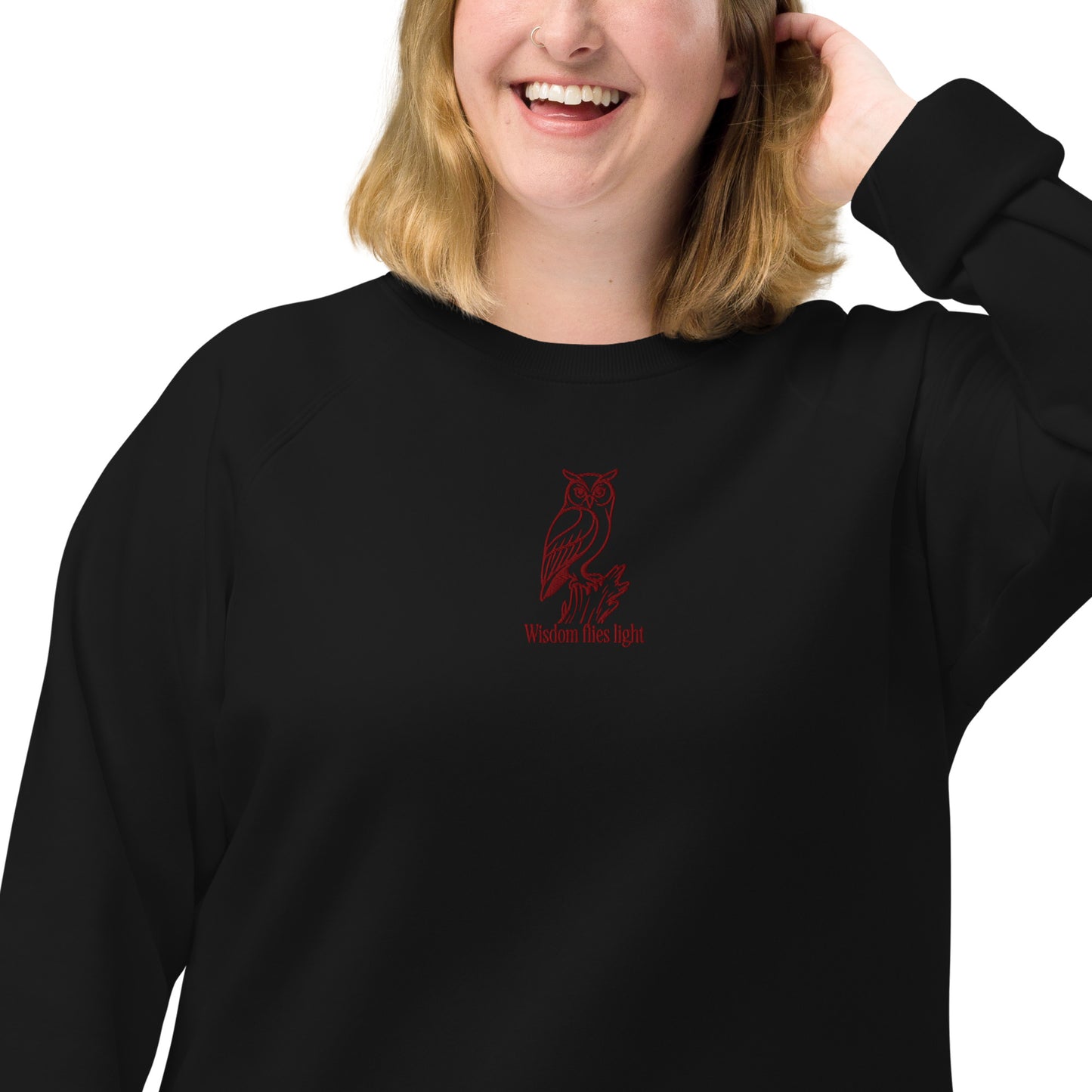 Owl Unisex Organic Raglan Sweatshirt: 'Wisdom Flies Light' in Fall | Sustainable Fashion USA Black Dudeily