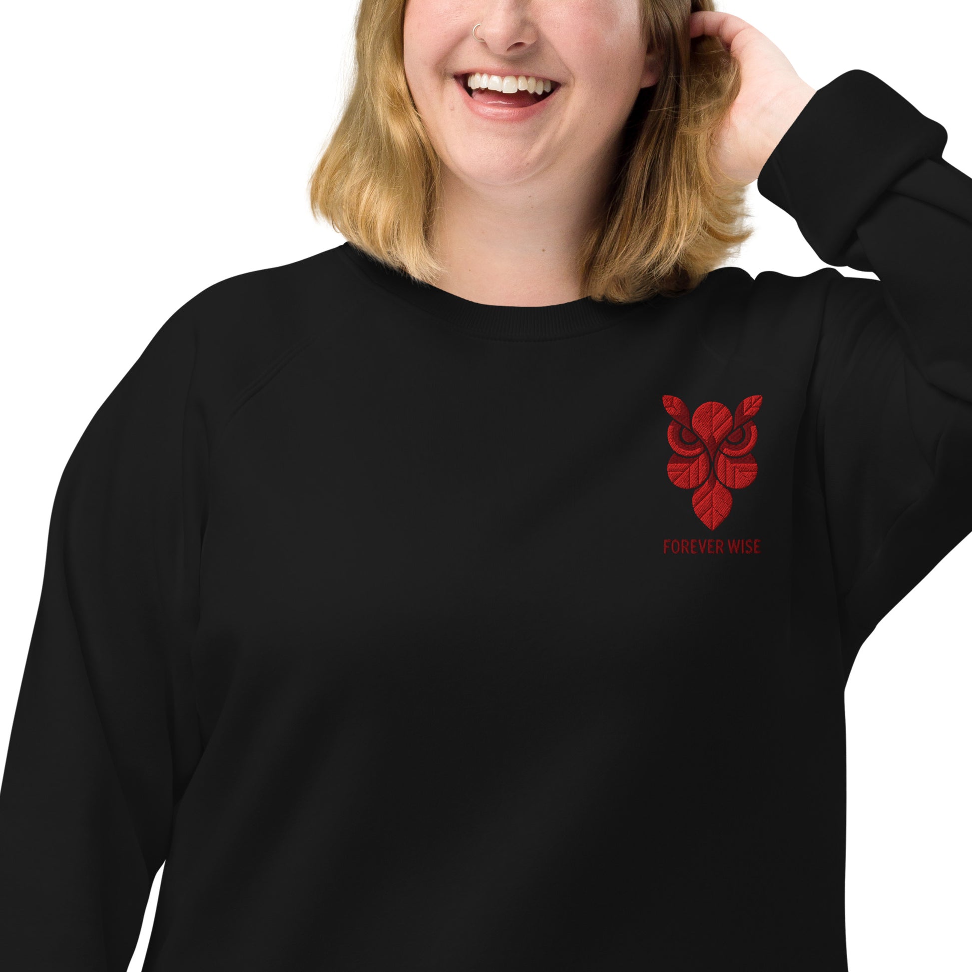 Owl Unisex Organic Raglan Sweatshirt: 'Forever Wise' in Fall | Sustainable Fashion USA Dudeily
