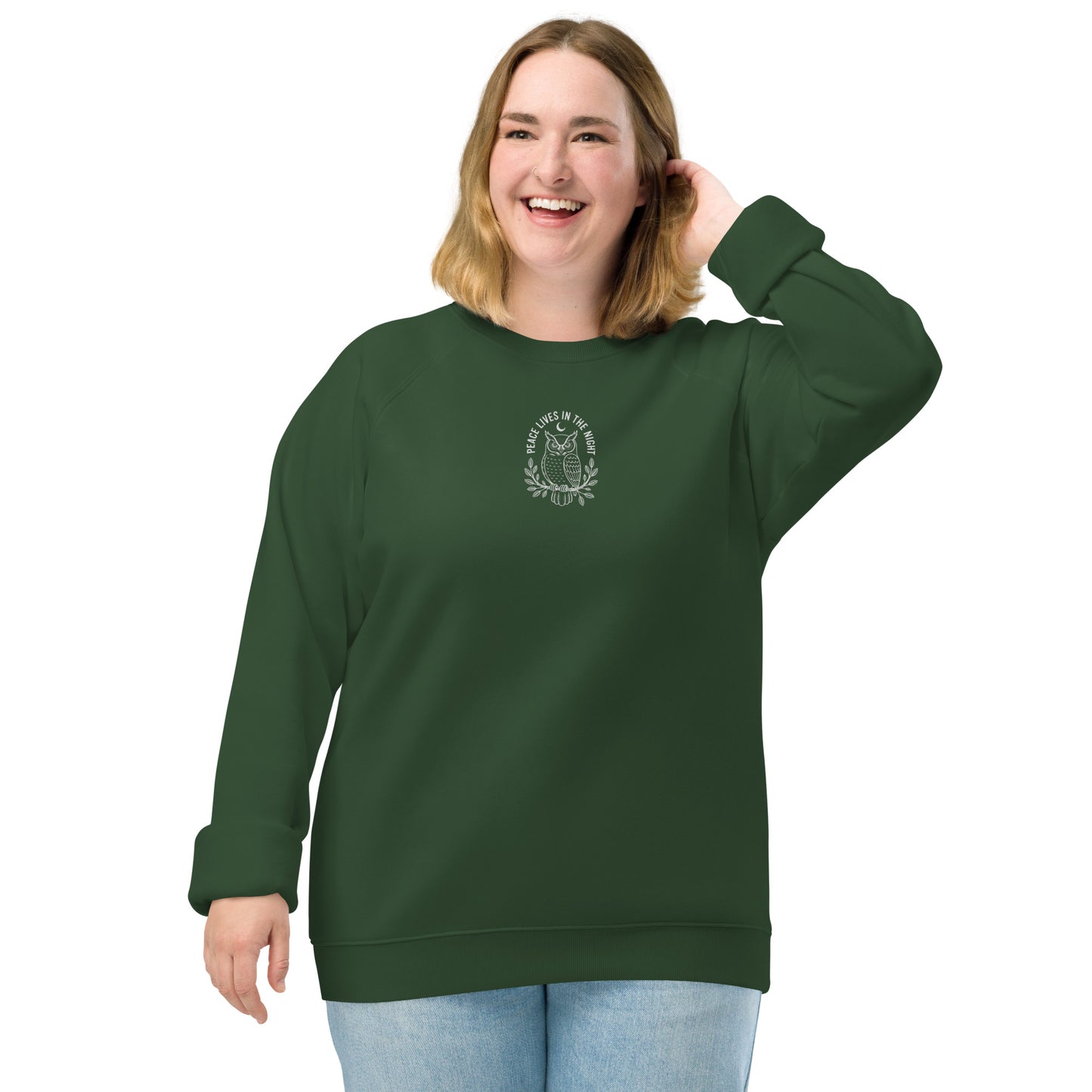 Owl Unisex Organic Raglan Sweatshirt – 'Peace Lives in the Night' in Fall | Sustainable Fashion USA Bottle green Dudeily