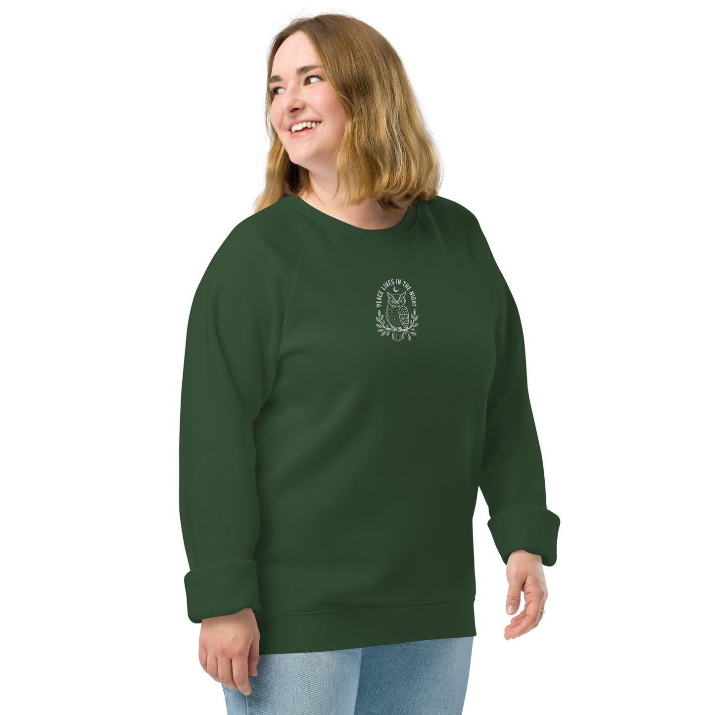 Owl Unisex Organic Raglan Sweatshirt – 'Peace Lives in the Night' in Fall | Sustainable Fashion USA Dudeily