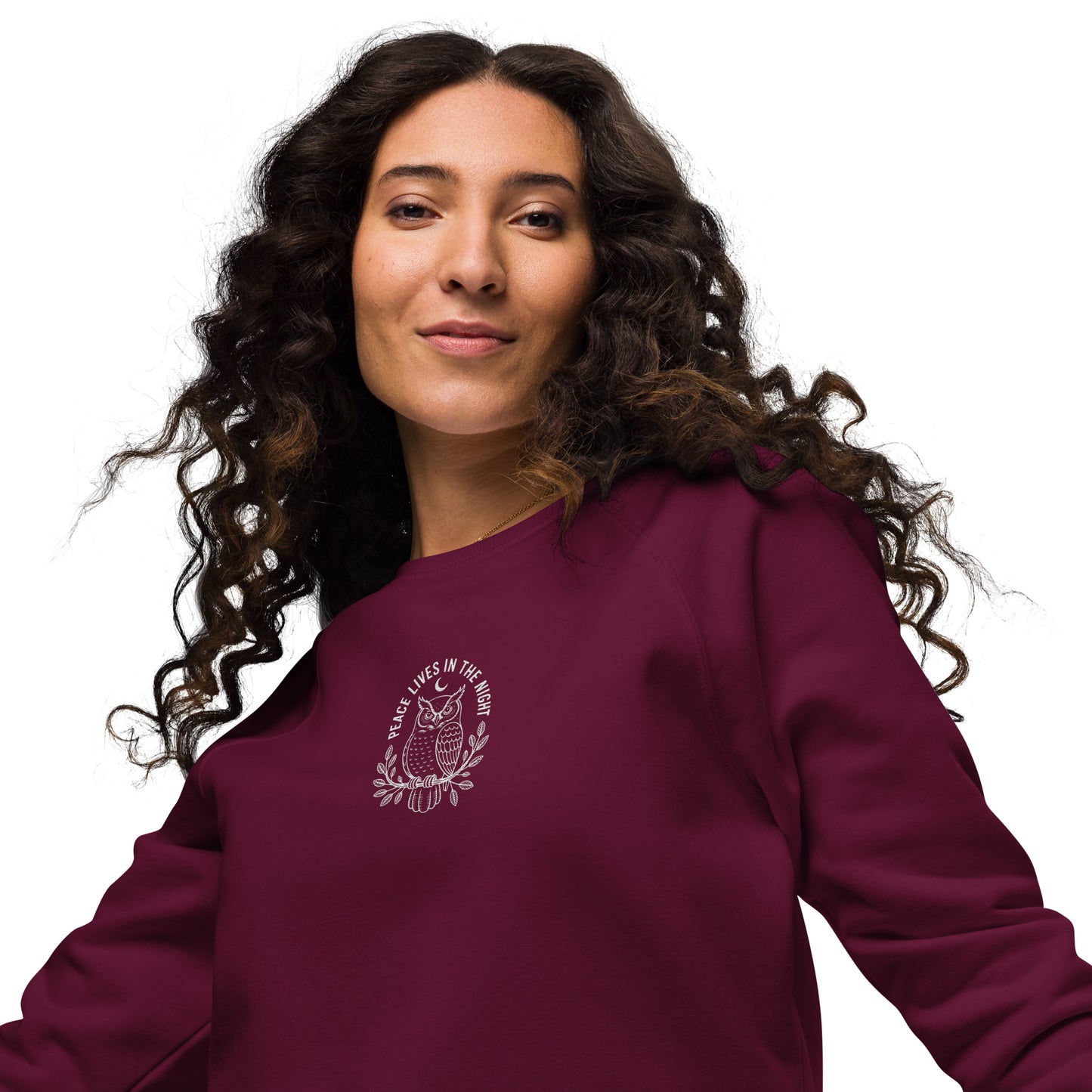 Owl Unisex Organic Raglan Sweatshirt – 'Peace Lives in the Night' in Fall | Sustainable Fashion USA Dudeily