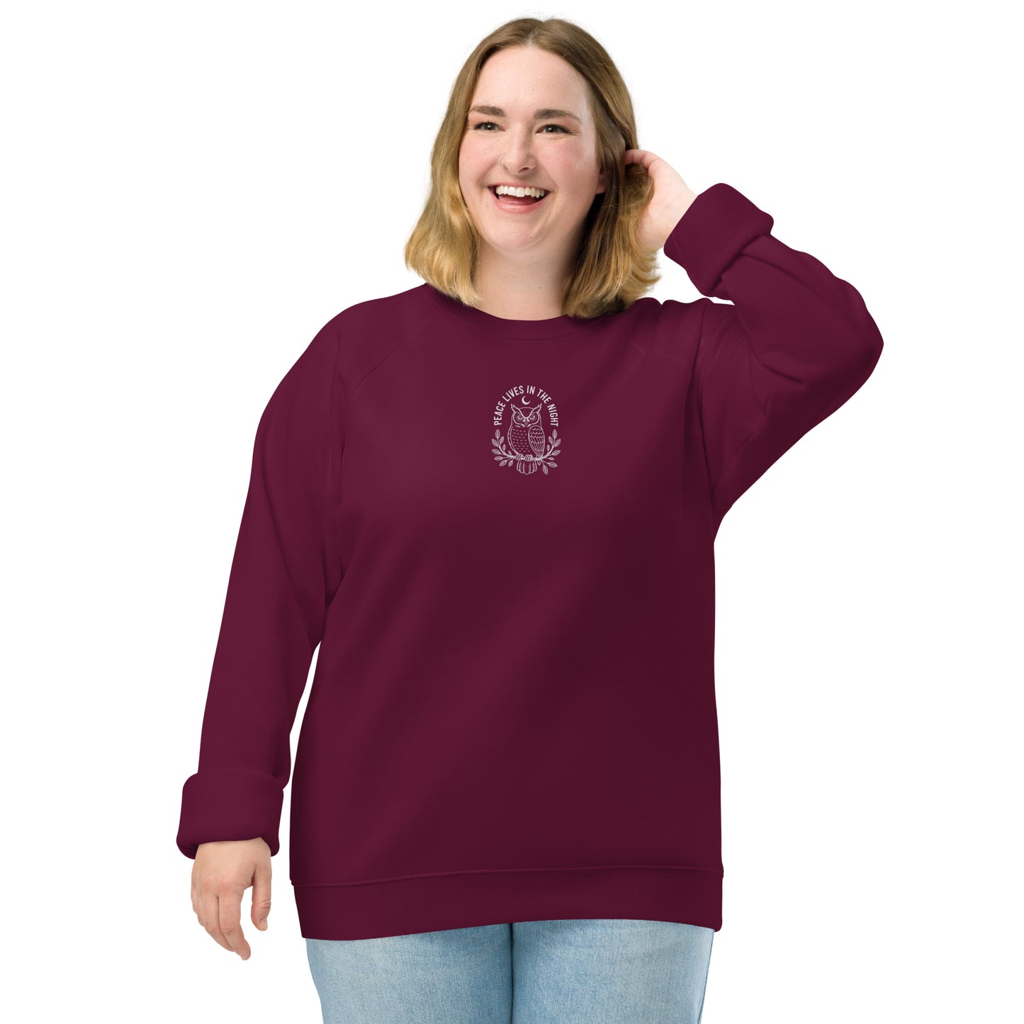 Owl Unisex Organic Raglan Sweatshirt – 'Peace Lives in the Night' in Fall | Sustainable Fashion USA Burgundy Dudeily