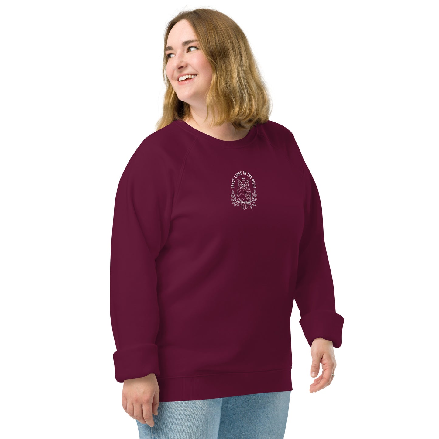 Owl Unisex Organic Raglan Sweatshirt – 'Peace Lives in the Night' in Fall | Sustainable Fashion USA Dudeily