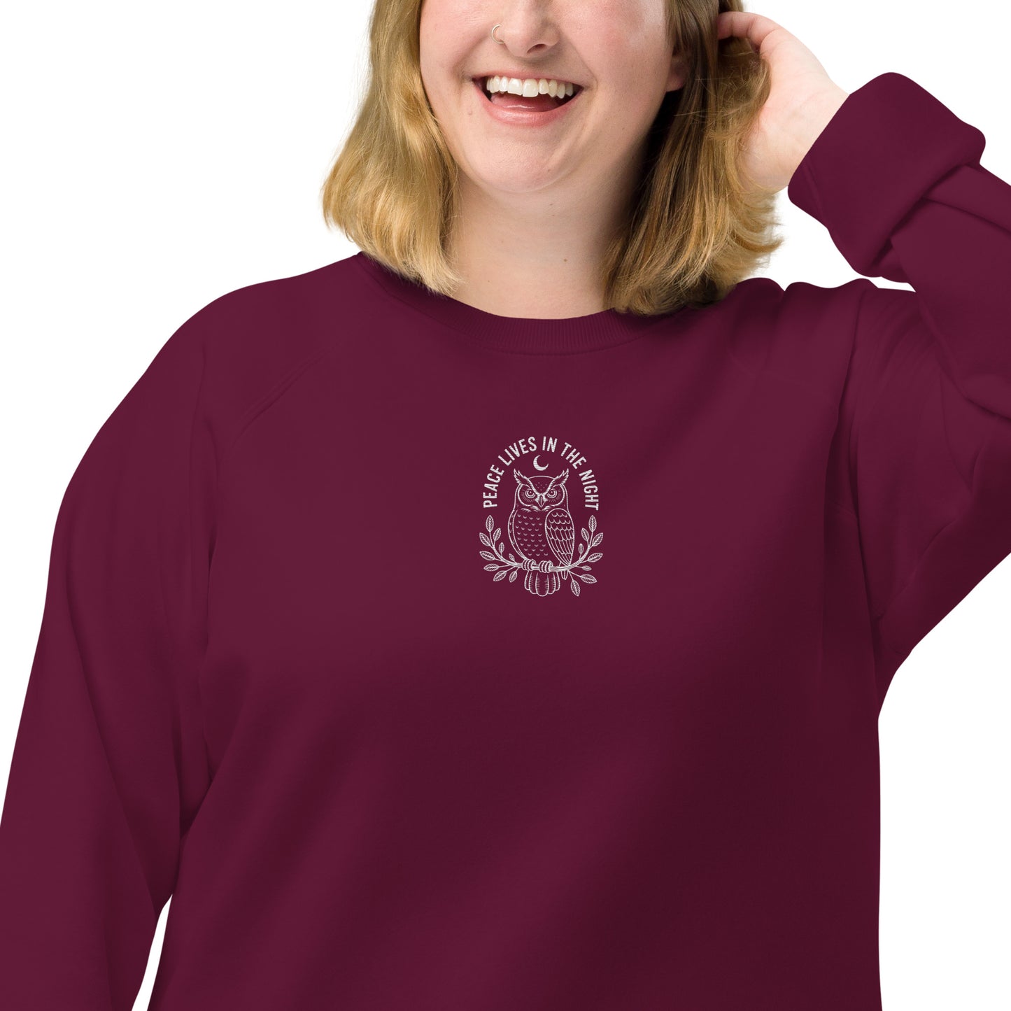 Owl Unisex Organic Raglan Sweatshirt – 'Peace Lives in the Night' in Fall | Sustainable Fashion USA Dudeily