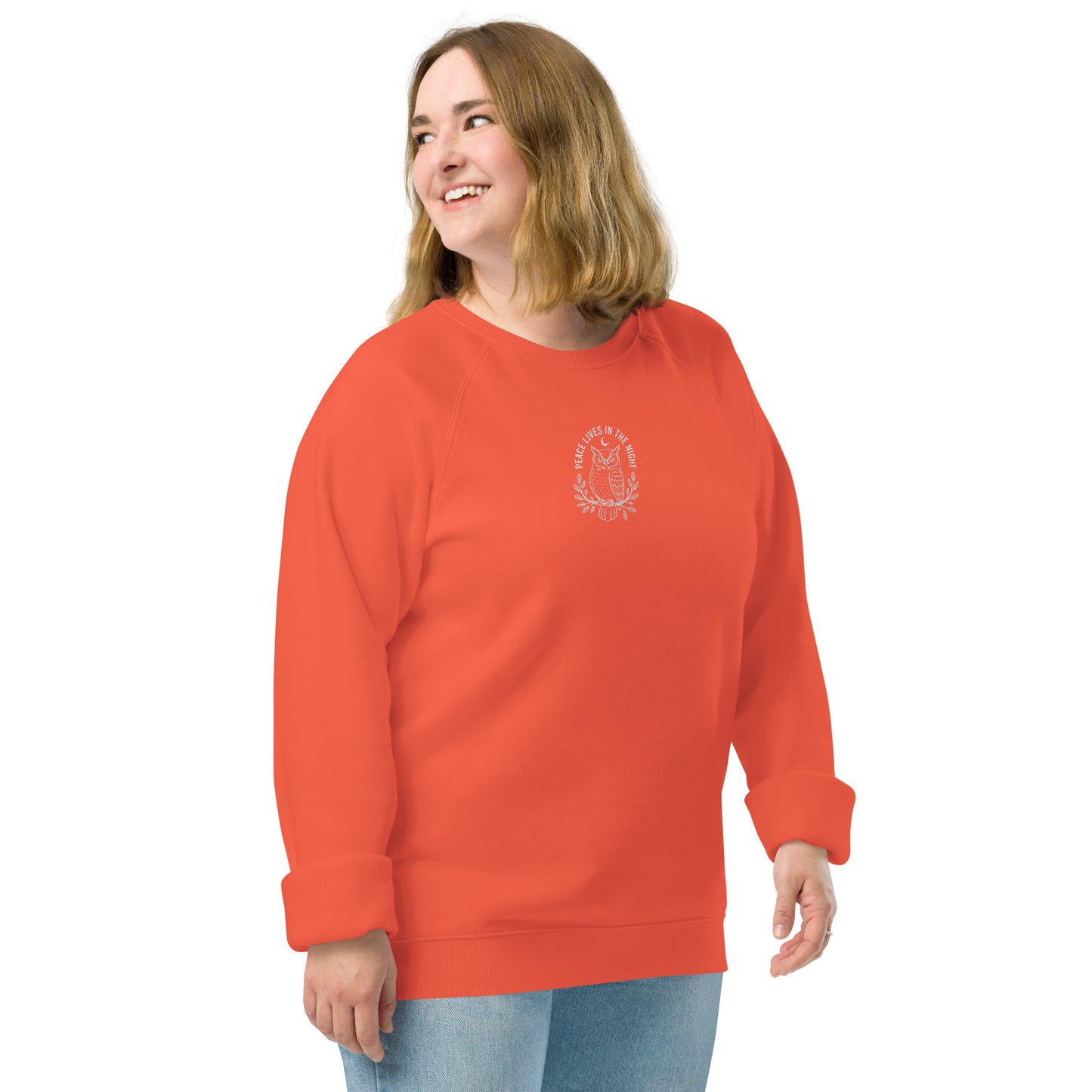 Owl Unisex Organic Raglan Sweatshirt – 'Peace Lives in the Night' in Fall | Sustainable Fashion USA Dudeily