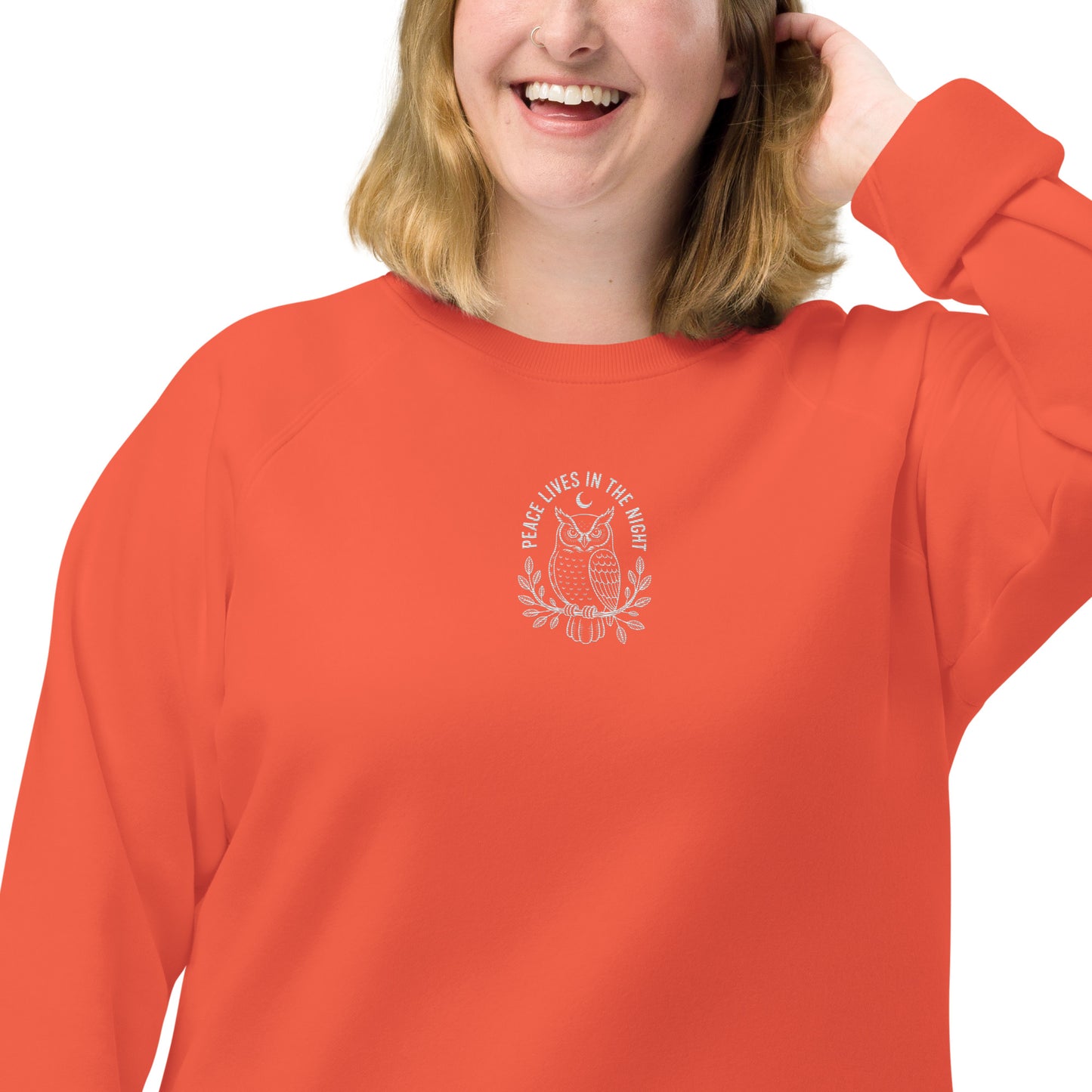 Owl Unisex Organic Raglan Sweatshirt – 'Peace Lives in the Night' in Fall | Sustainable Fashion USA Dudeily