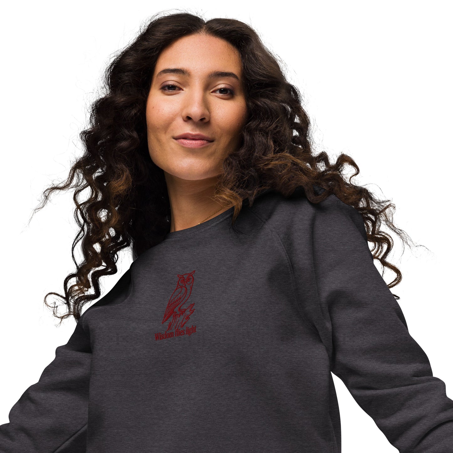 Owl Unisex Organic Raglan Sweatshirt: 'Wisdom Flies Light' in Fall | Sustainable Fashion USA Dudeily