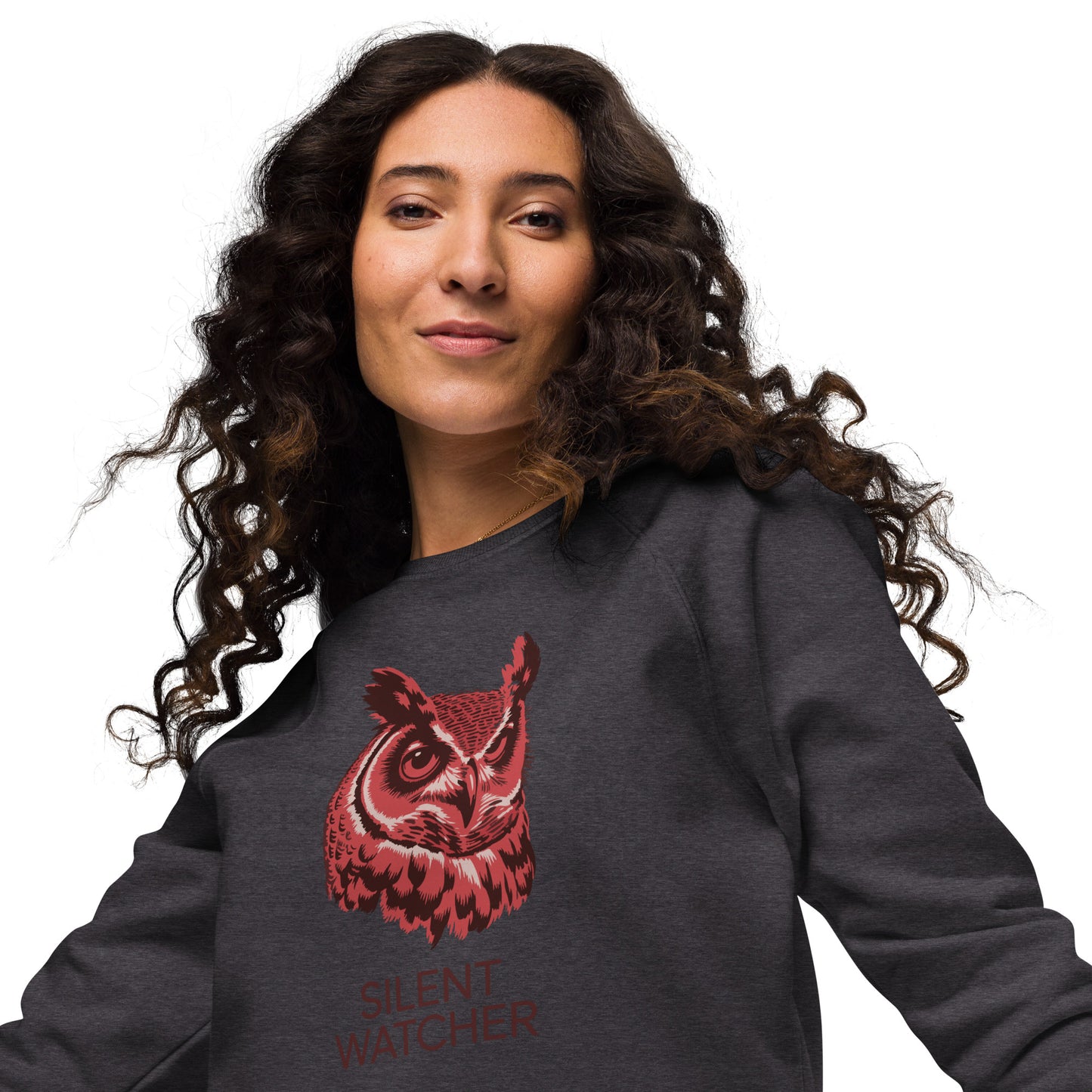 Unisex Organic Raglan Sweatshirt: ‘Silent Watcher’ in Fall | Sustainable Owl Fashion USA Dudeily