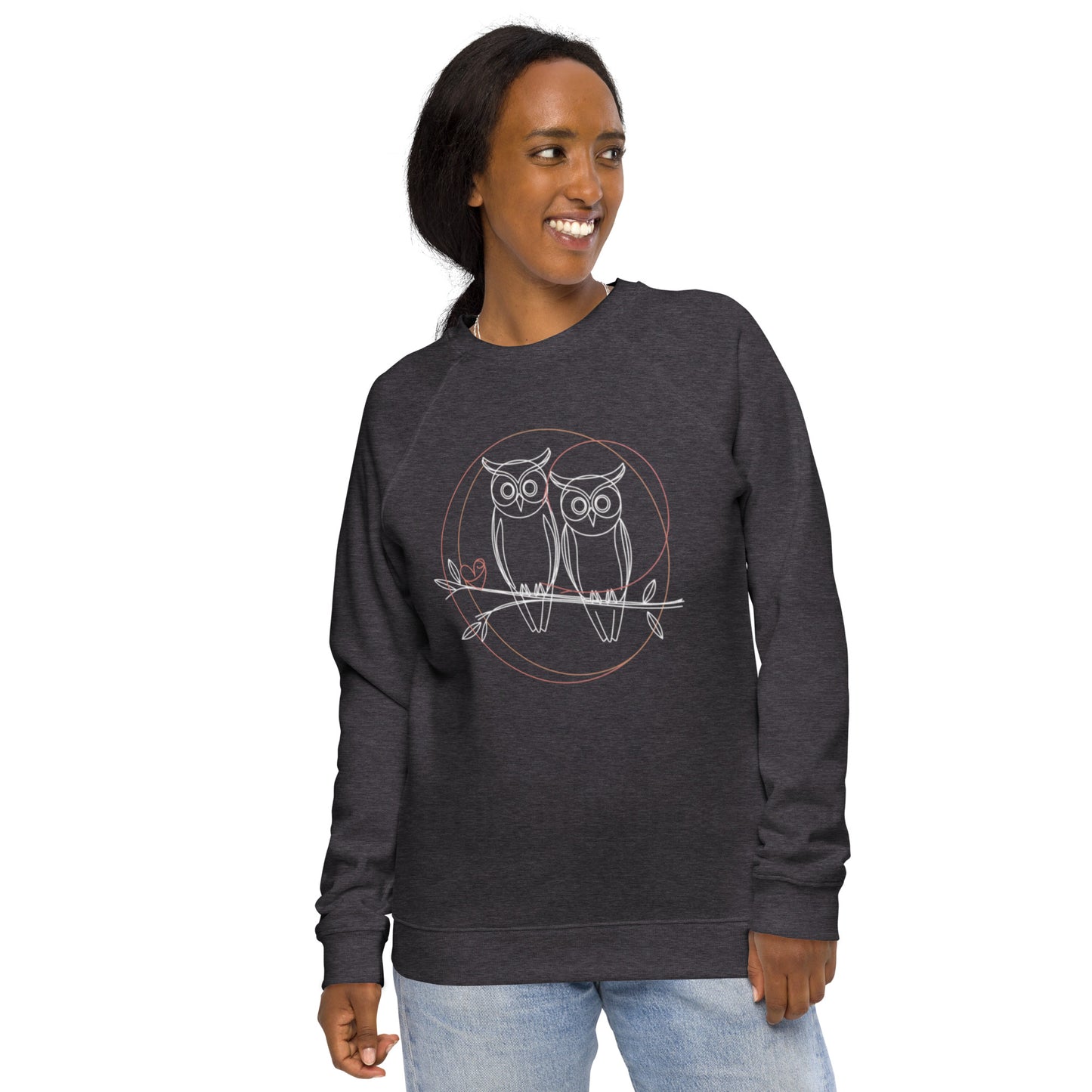 Unisex Owl-Themed Organic Sweatshirt | Sustainable & Stylish Raglan Design Charcoal Melange Dudeily