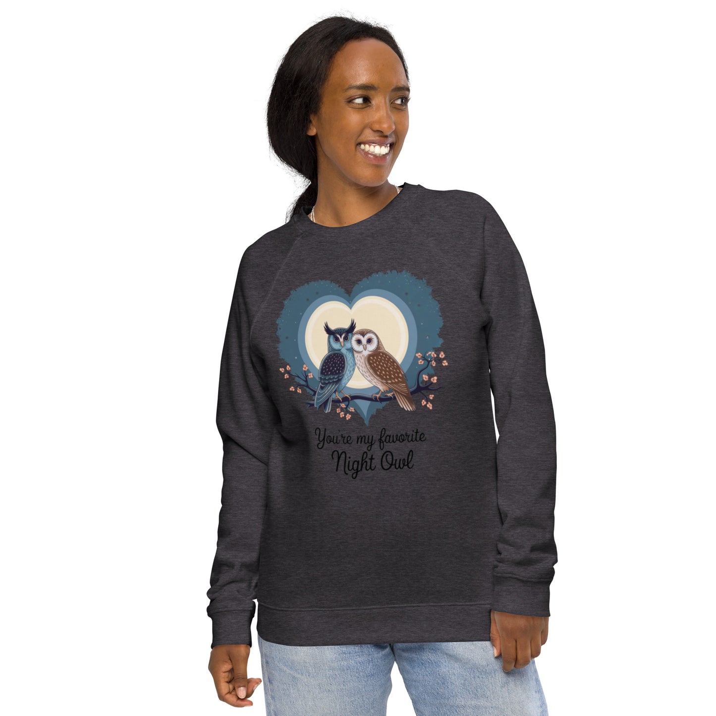 Owl-Themed Unisex Organic Raglan Sweatshirt | Sustainable Comfort Charcoal Melange Dudeily