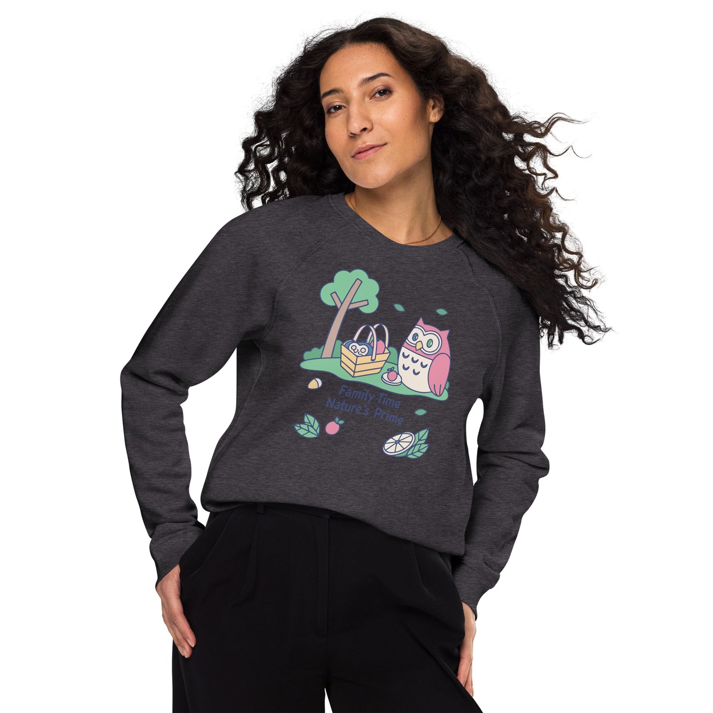 Unisex Organic Raglan Sweatshirt – OwlFlight Sustainable Fashion for Family Day Moments Charcoal Melange Dudeily