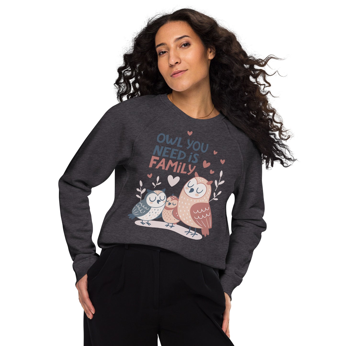 Unisex Organic Raglan Sweatshirt – OwlFlight Sustainable Fashion for Family Day Comfort Charcoal Melange Dudeily