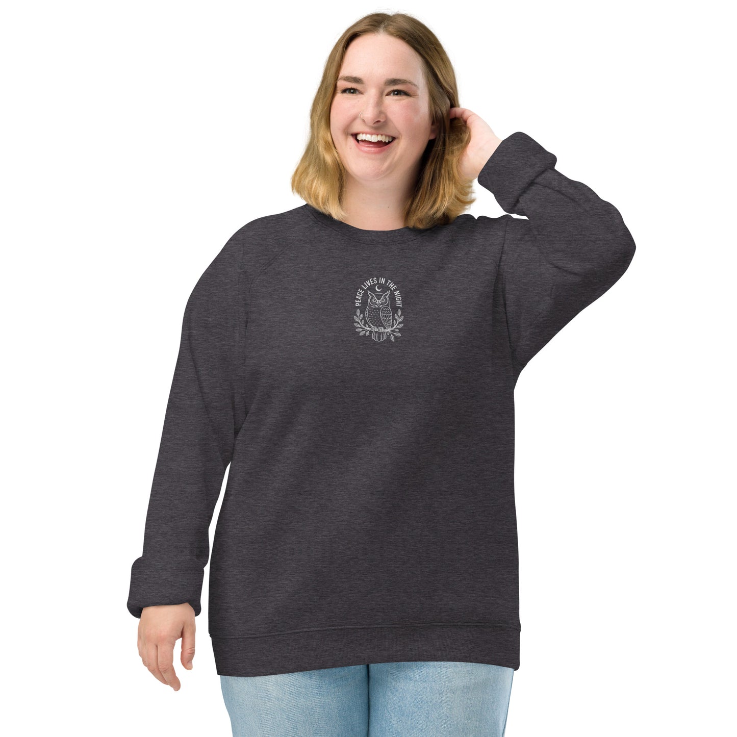 Owl Unisex Organic Raglan Sweatshirt – 'Peace Lives in the Night' in Fall | Sustainable Fashion USA Charcoal Melange Dudeily