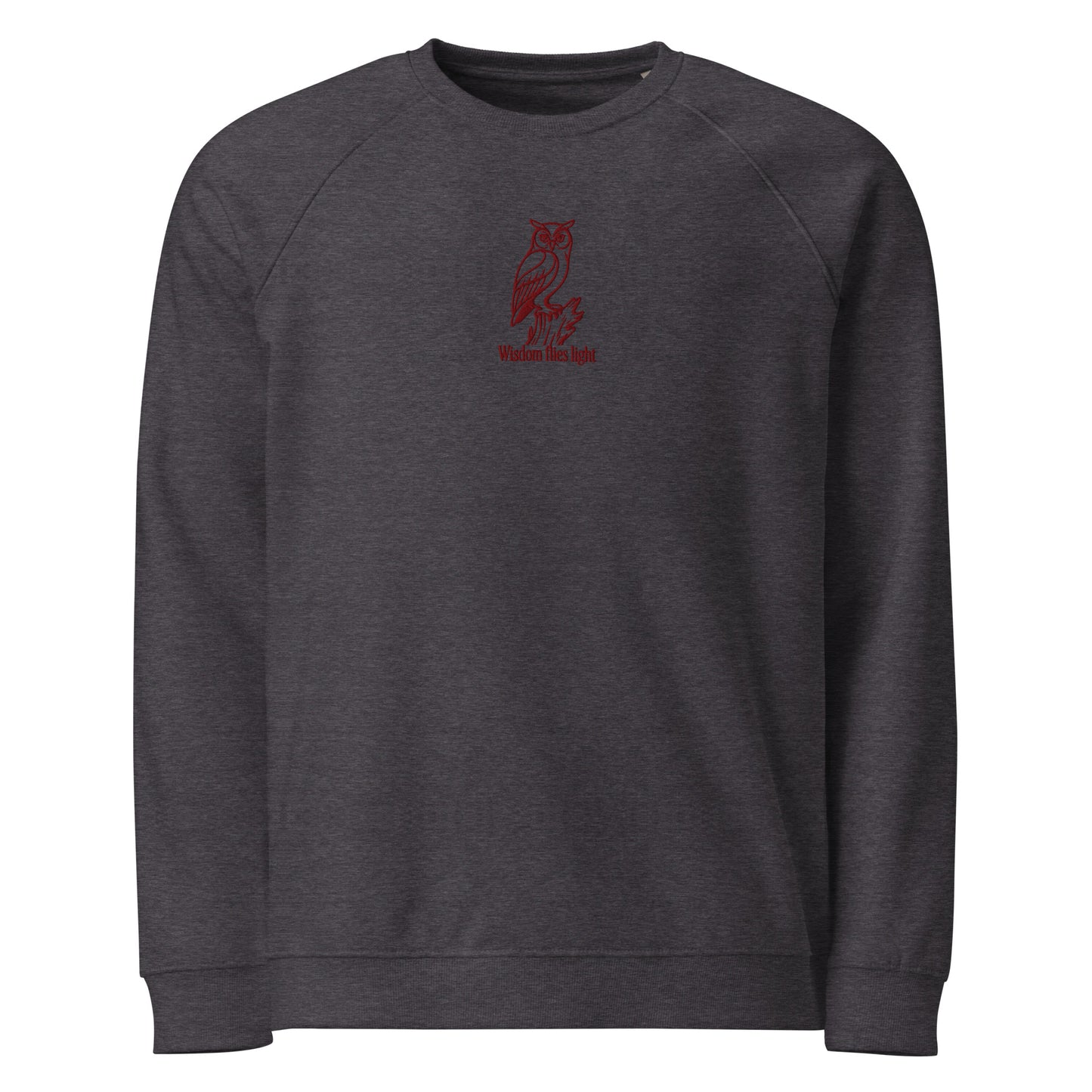 Owl Unisex Organic Raglan Sweatshirt: 'Wisdom Flies Light' in Fall | Sustainable Fashion USA Dudeily