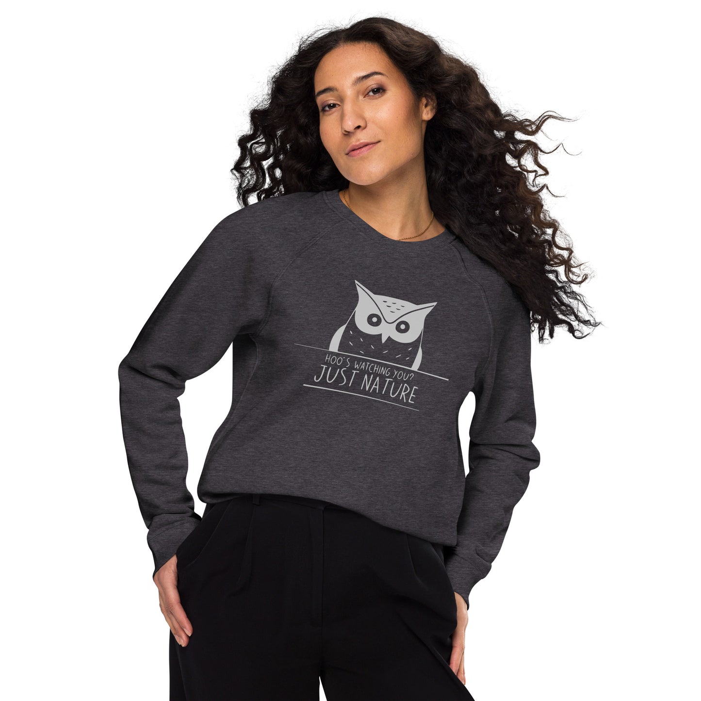 Unisex Organic Raglan Sweatshirt: 'Stay Cozy Hoot Loud' in Fall | Eco-Friendly Owl Apparel USA Charcoal Melange Dudeily