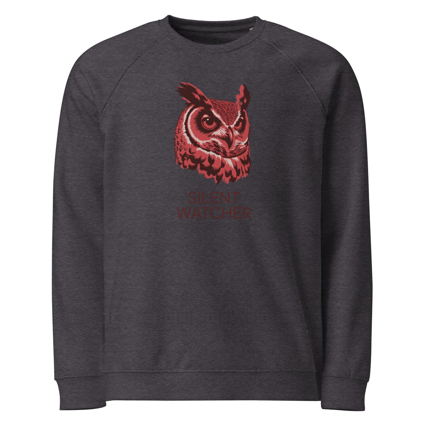 Unisex Organic Raglan Sweatshirt: ‘Silent Watcher’ in Fall | Sustainable Owl Fashion USA Dudeily