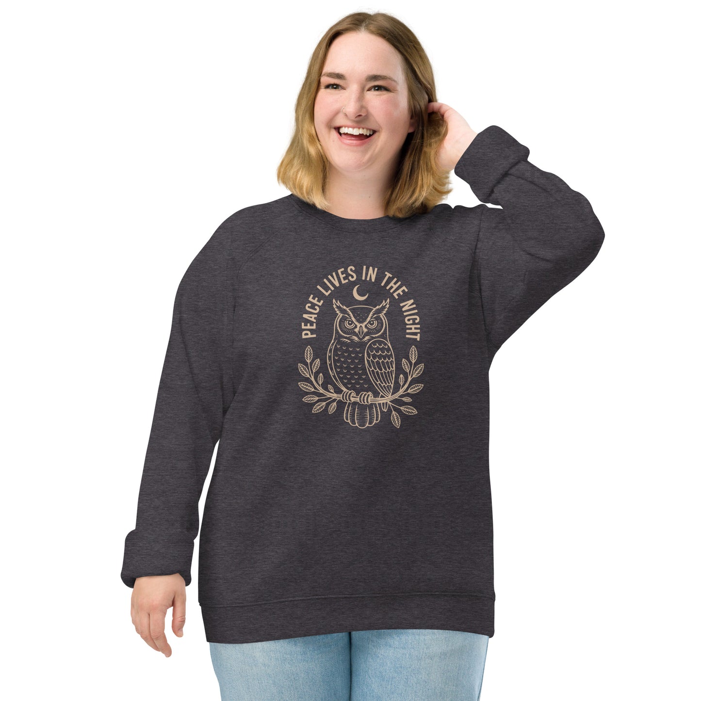 Raglan Sweatshirt: 'Peace in the Night' in Fall | Sustainable Owl Fashion USA Charcoal Melange Dudeily