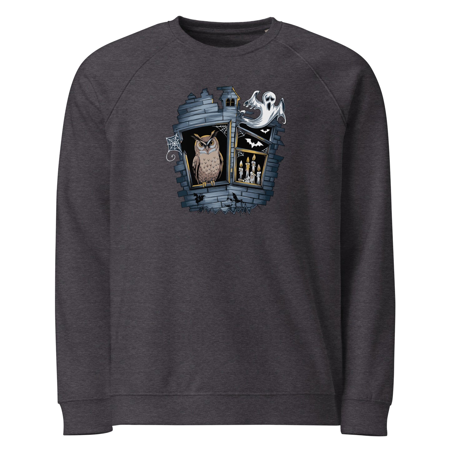 Unisex Organic Raglan Sweatshirt: Halloween Owl Eco-Friendly USA Dudeily