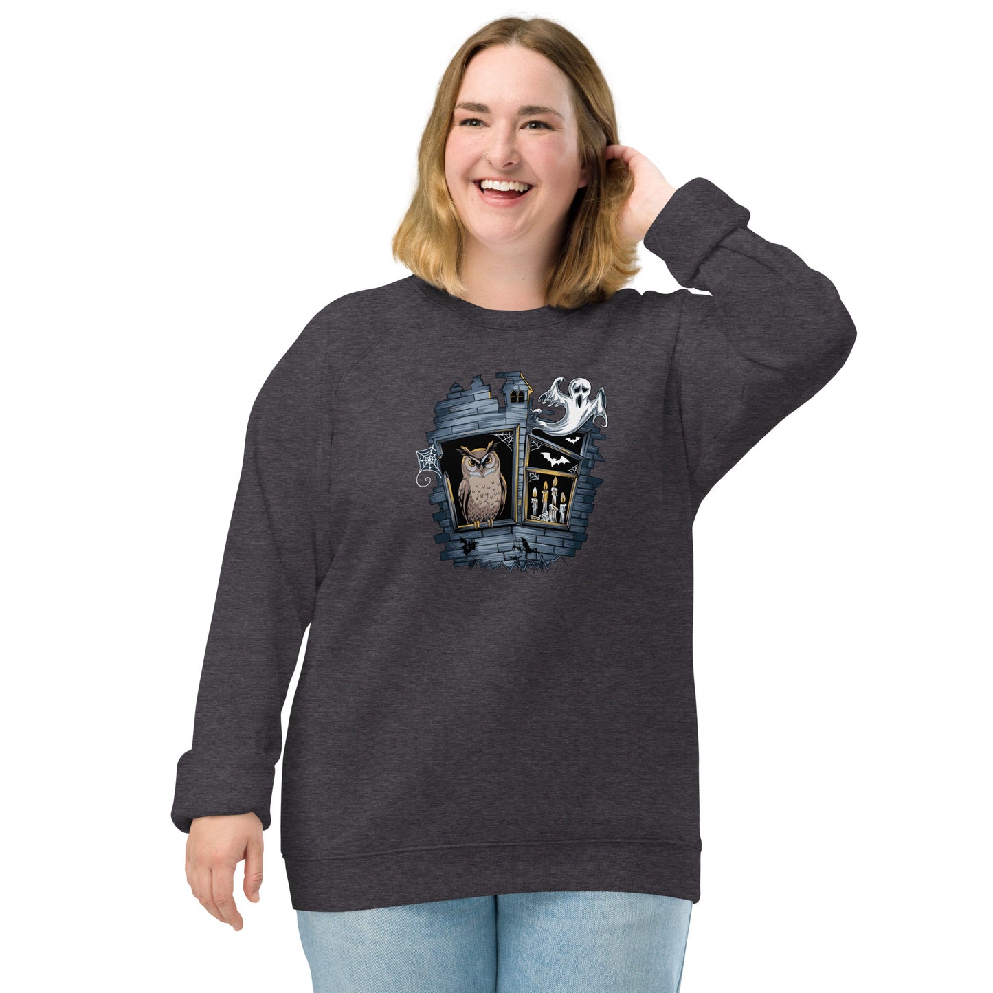 Unisex Organic Raglan Sweatshirt: Halloween Owl Eco-Friendly USA Dudeily