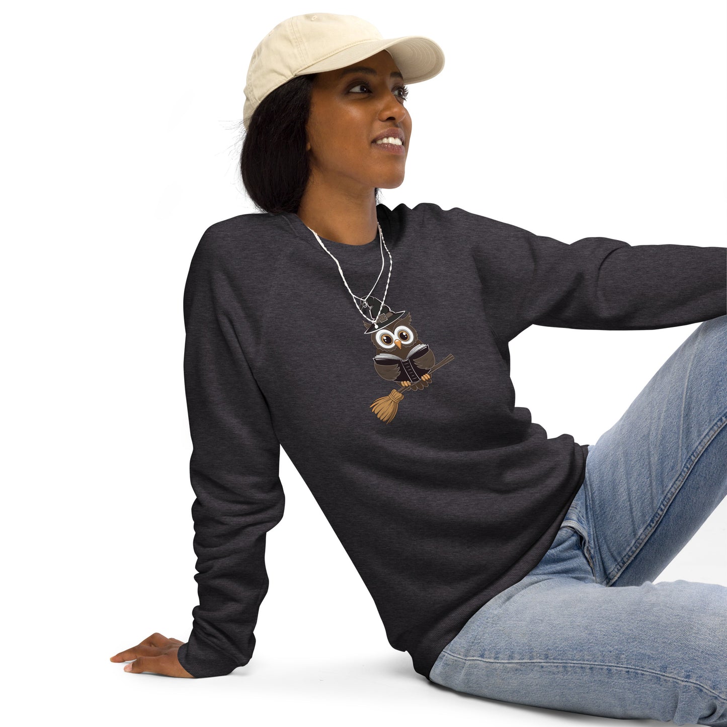 Unisex Organic Raglan Sweatshirt: Halloween Owl Eco Fashion USA Dudeily