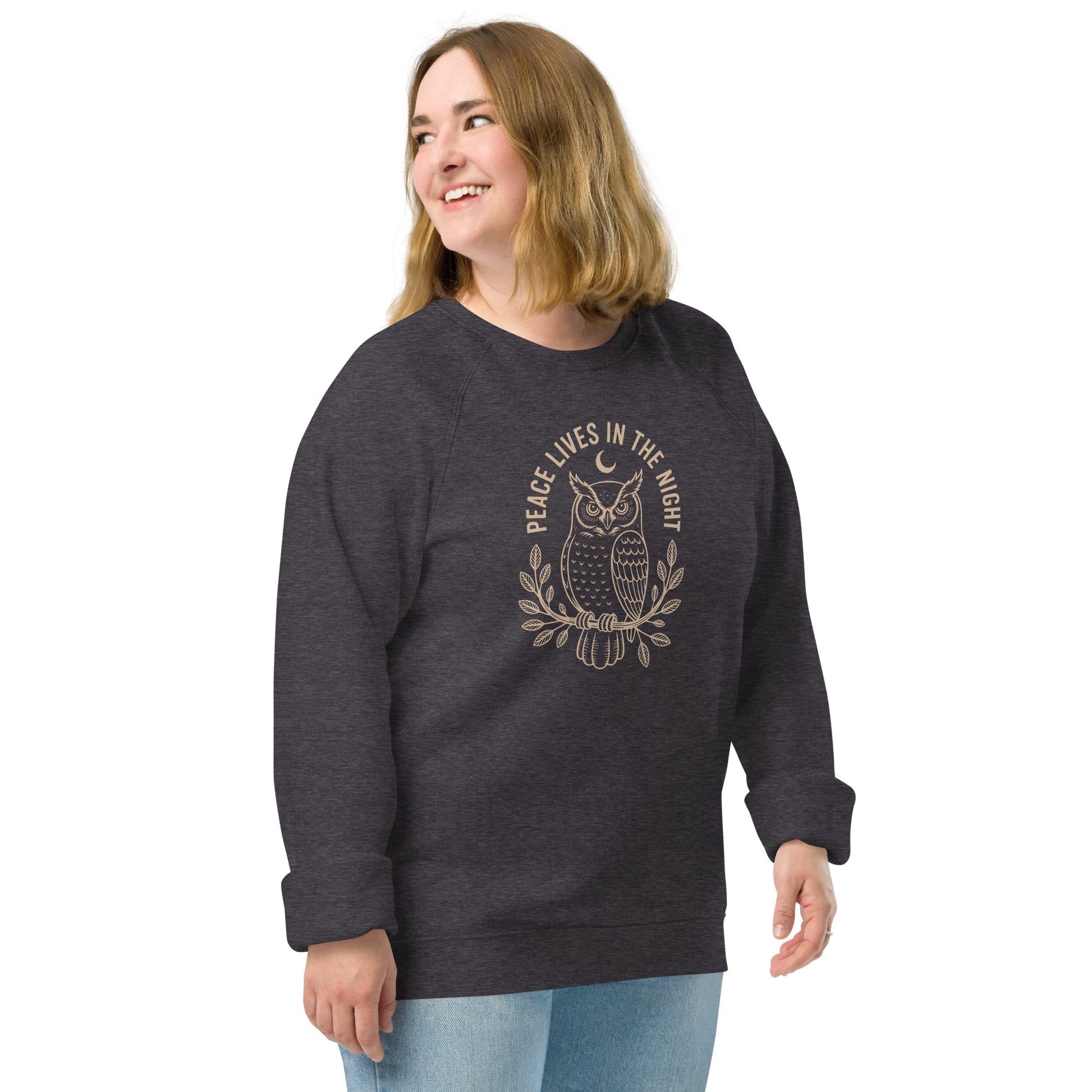 Raglan Sweatshirt: 'Peace in the Night' in Fall | Sustainable Owl Fashion USA Dudeily