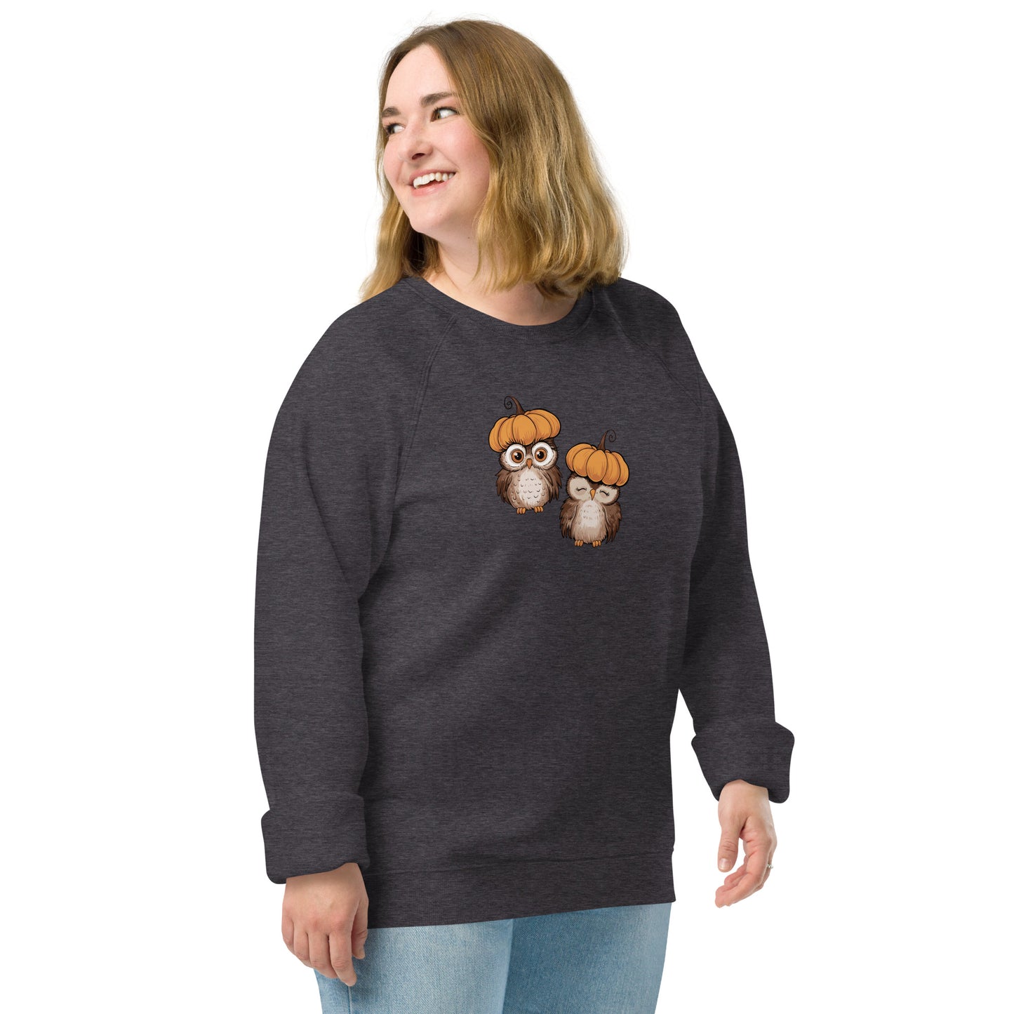 Unisex Organic Raglan Sweatshirt: Halloween Owl Eco-Friendly USA Dudeily