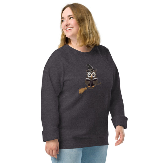 Unisex Organic Raglan Sweatshirt: Halloween Owl Eco Fashion USA Charcoal Melange Dudeily