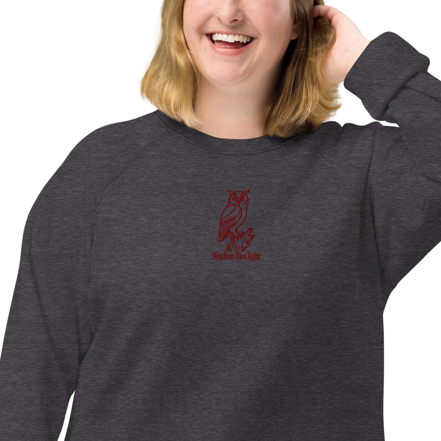 Owl Unisex Organic Raglan Sweatshirt: 'Wisdom Flies Light' in Fall | Sustainable Fashion USA Charcoal Melange Dudeily
