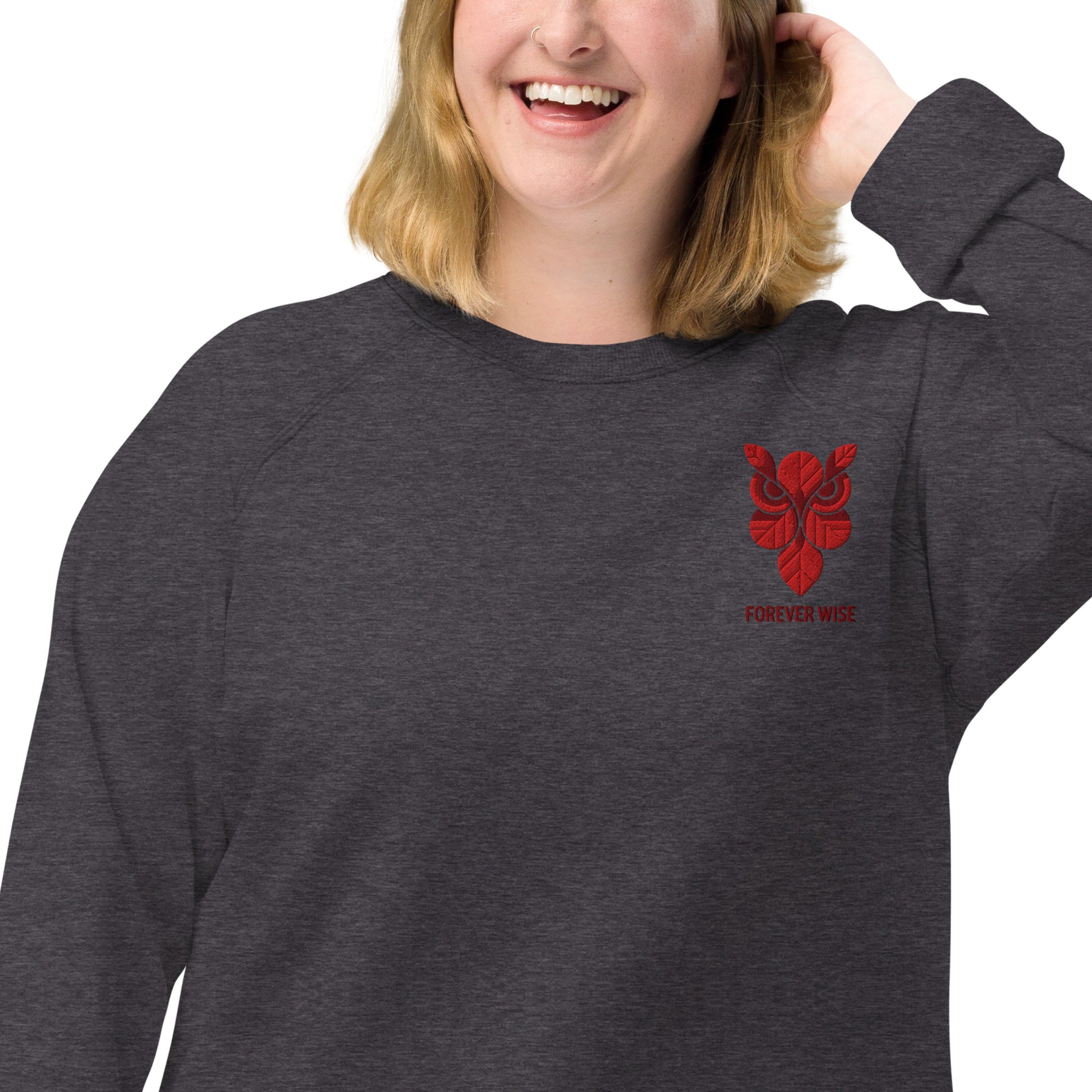 Owl Unisex Organic Raglan Sweatshirt: 'Forever Wise' in Fall | Sustainable Fashion USA Dudeily