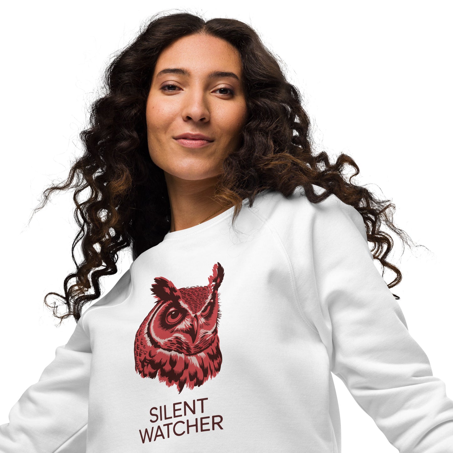 Unisex Organic Raglan Sweatshirt: ‘Silent Watcher’ in Fall | Sustainable Owl Fashion USA Dudeily