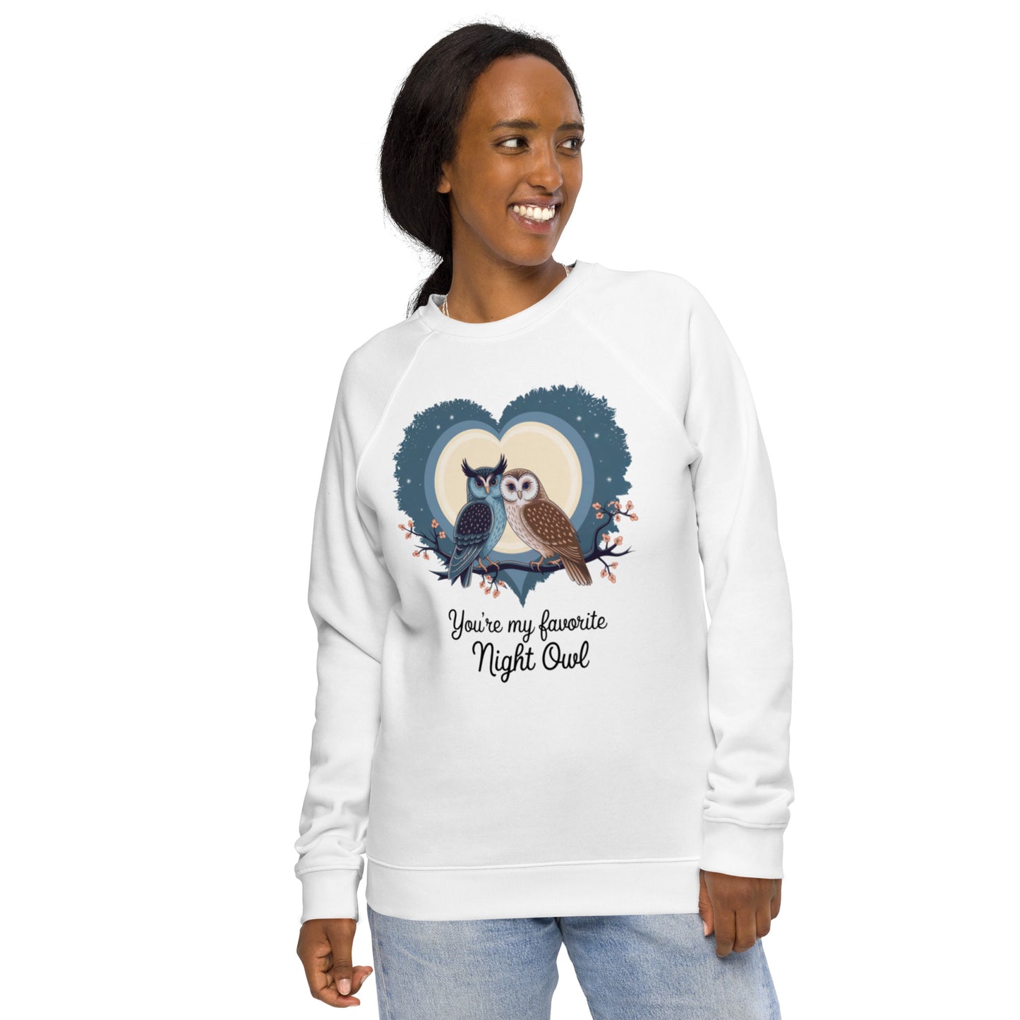 Owl-Themed Unisex Organic Raglan Sweatshirt | Sustainable Comfort White Dudeily