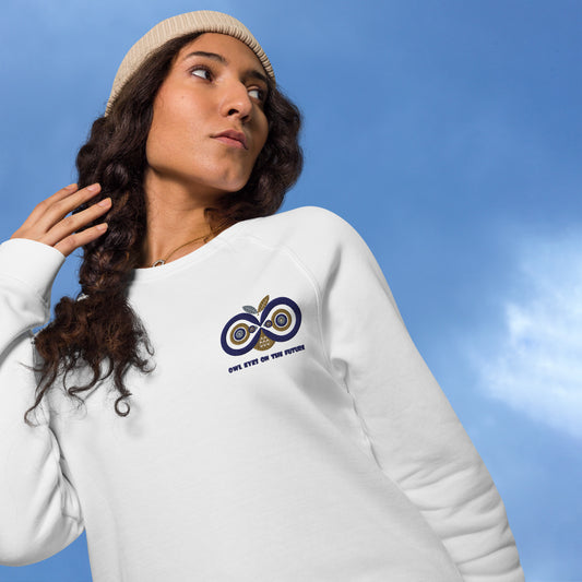 Unisex Organic Raglan Sweatshirt: Owl Eyes on the Future | Owl Embroidered Sustainable Fashion USA by Dudeily Dudeily