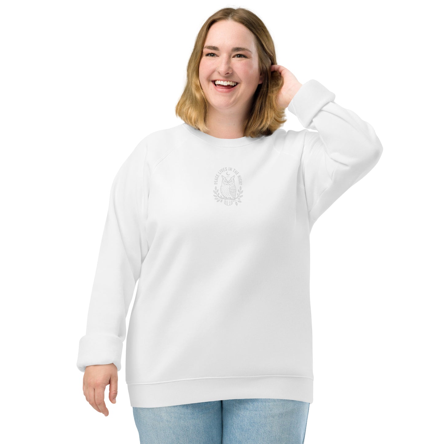 Owl Unisex Organic Raglan Sweatshirt – 'Peace Lives in the Night' in Fall | Sustainable Fashion USA White Dudeily